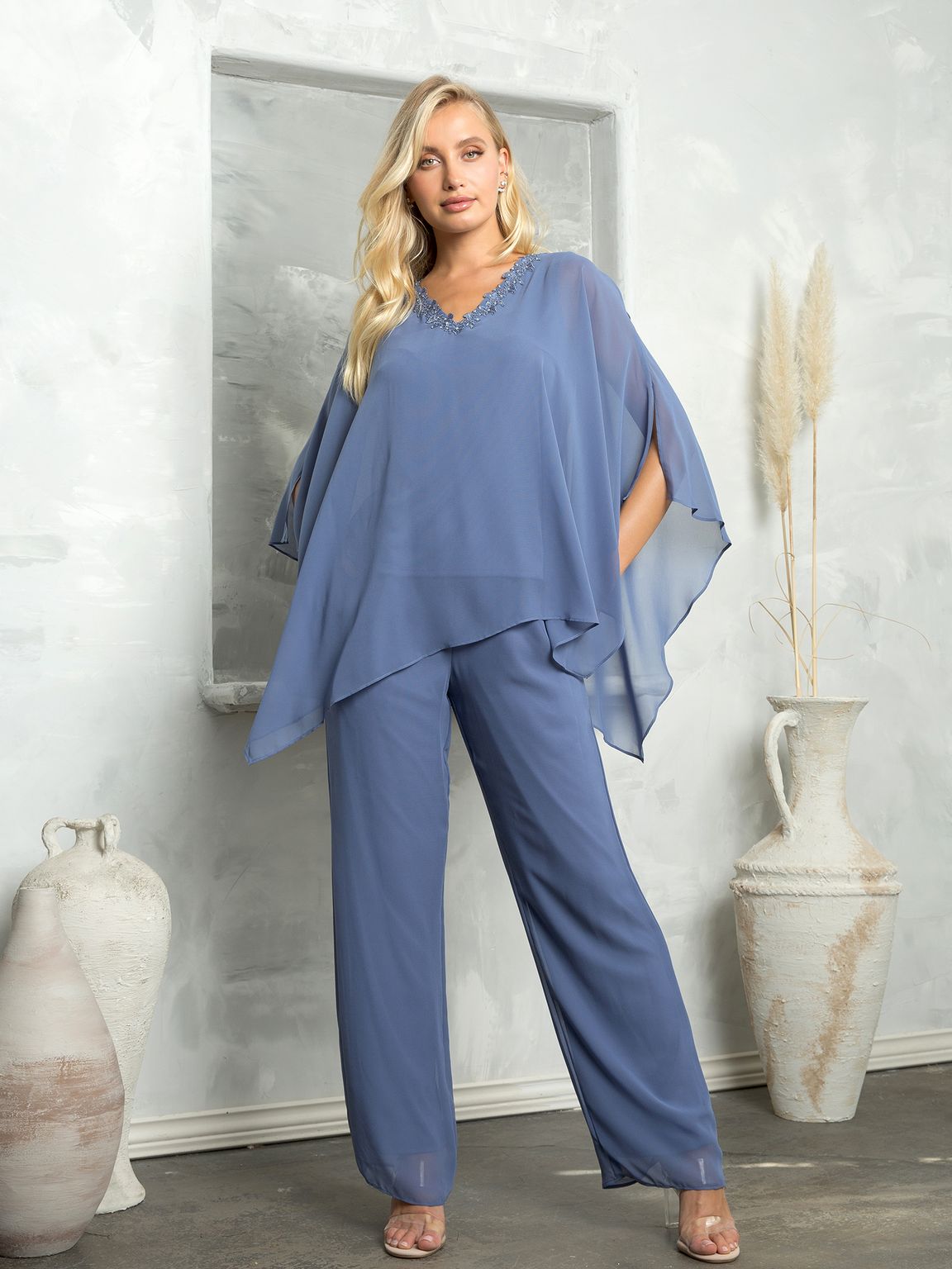 Pant Suit Long Formal Chiffon Pant Suit Slate Blue