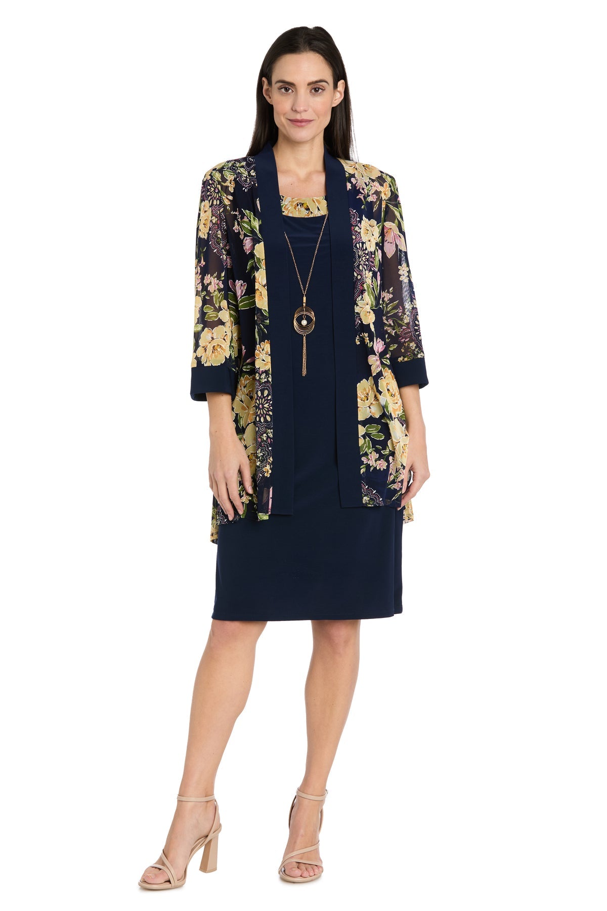 Mother of the Bride Dresses Short Petite Mother of the Bride Floral Jacket Dress Navy/Yellow