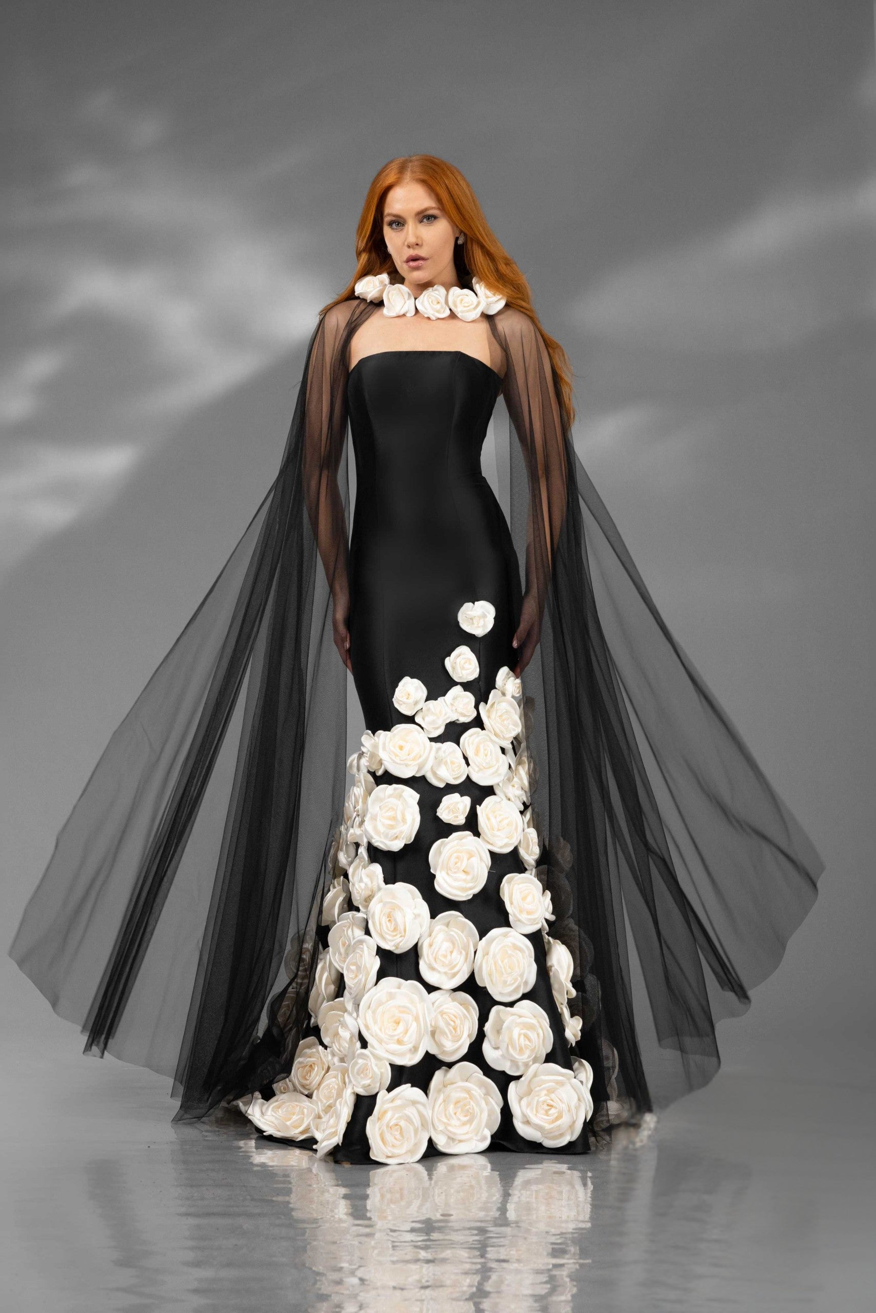 Terani Couture 251GL4184 Long 3D Floral Applique Detachable Cape Formal Dress