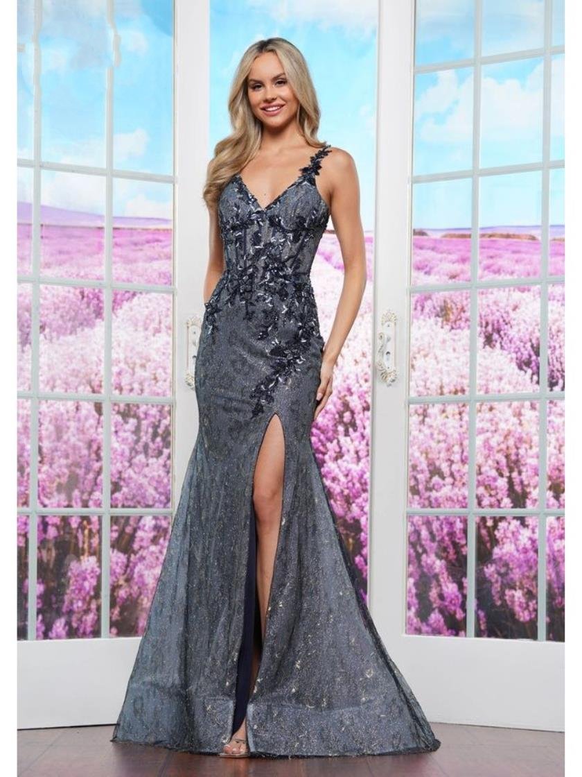 Prom Dresses Long Floral Glitter Formal Prom Dress Navy