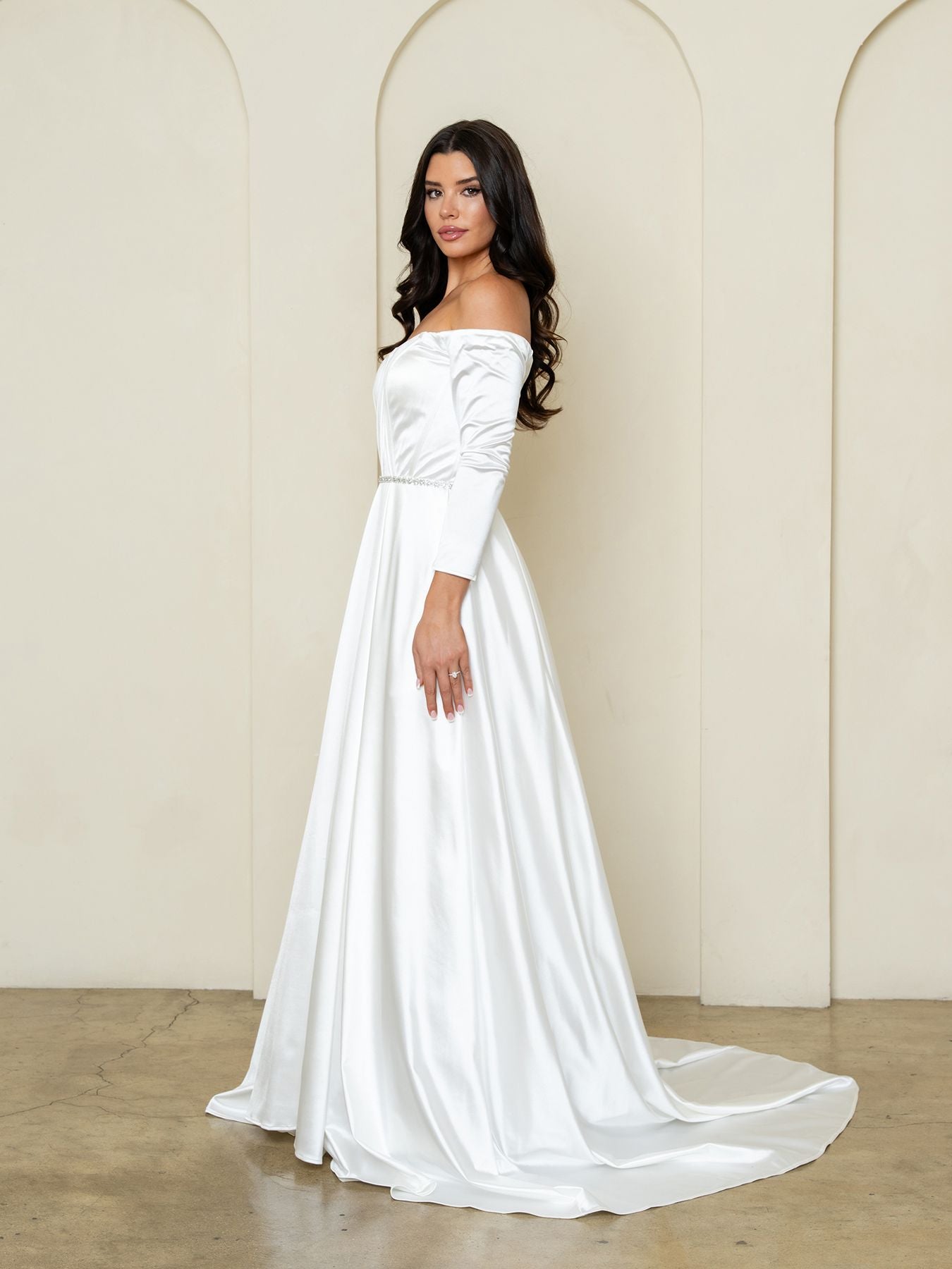 Off-the-Shoulder Floor-Length with Train Satin Wedding Dress A-Line Eva Fashion 3528