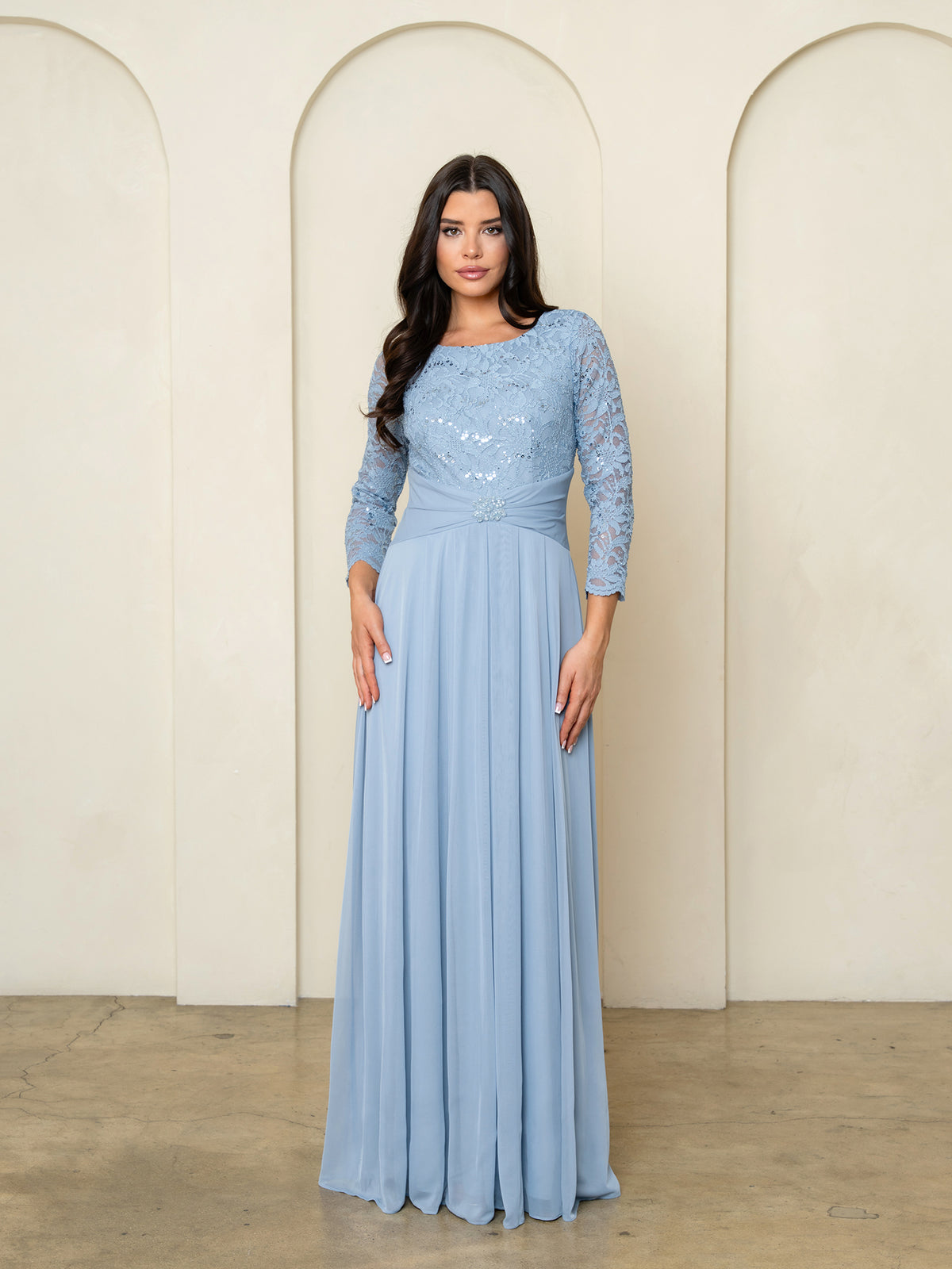 Mother of the Bride Dresses Long Formal Lace Fitted Mother of the Bride Dress Dusty Blue