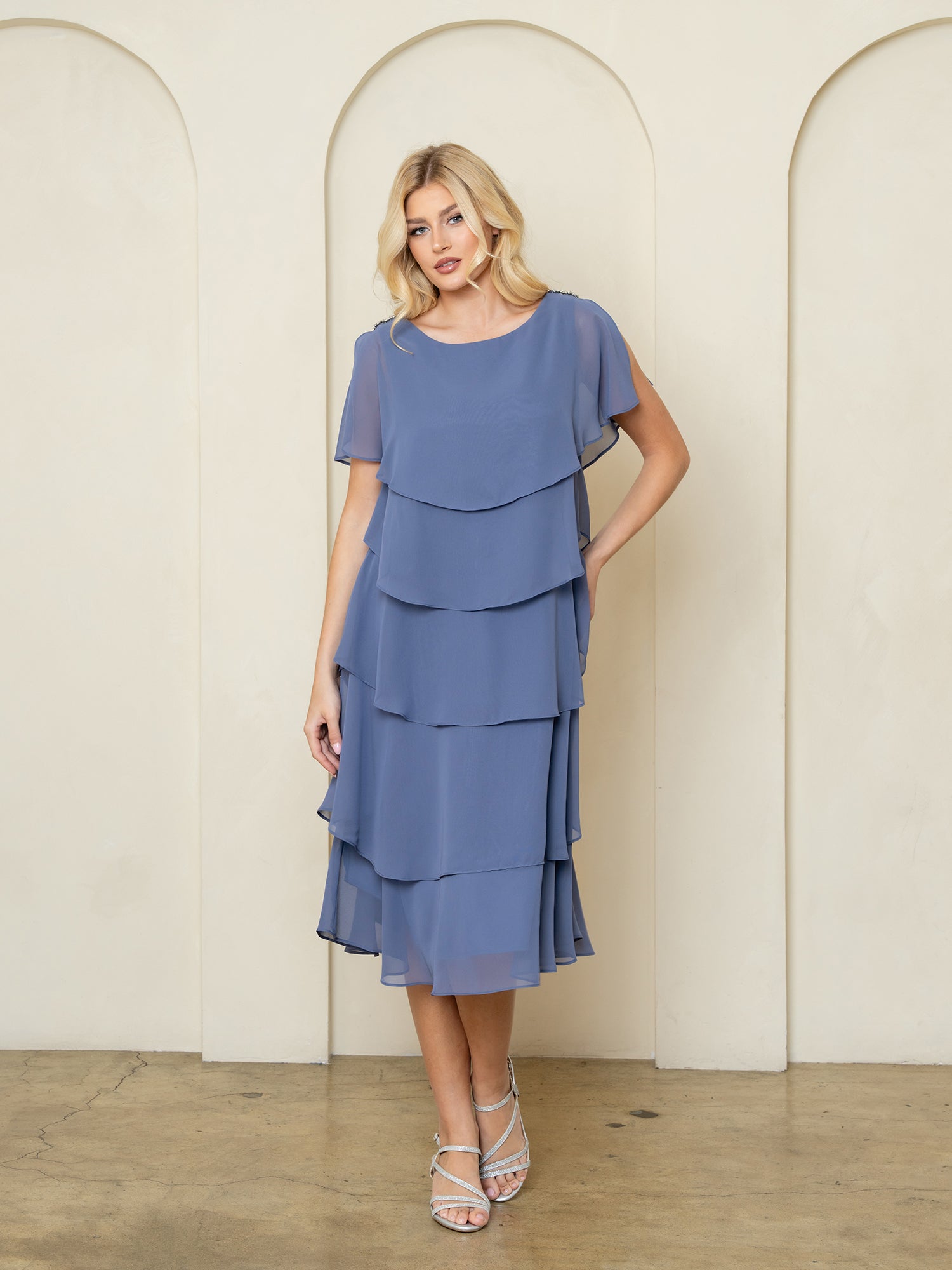 Mother of the Bride Dresses Ruffle Tea Length Cocktail Dress Slate Blue