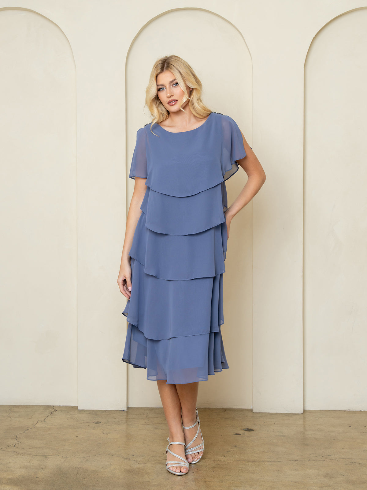 Mother of the Bride Dresses Ruffle Tea Length Cocktail Dress Slate Blue