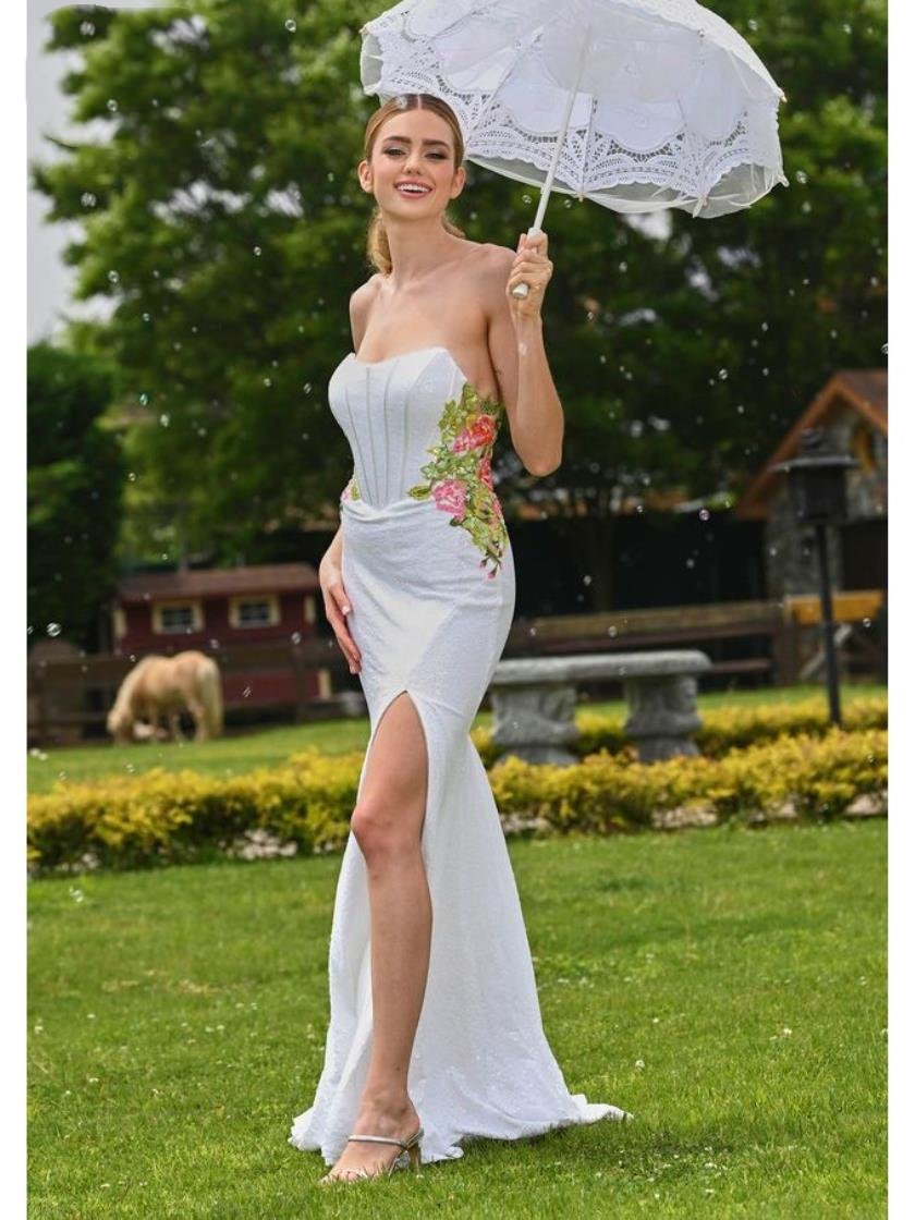 Prom Dresses Formal Floral fitted Long Prom Dress Off White