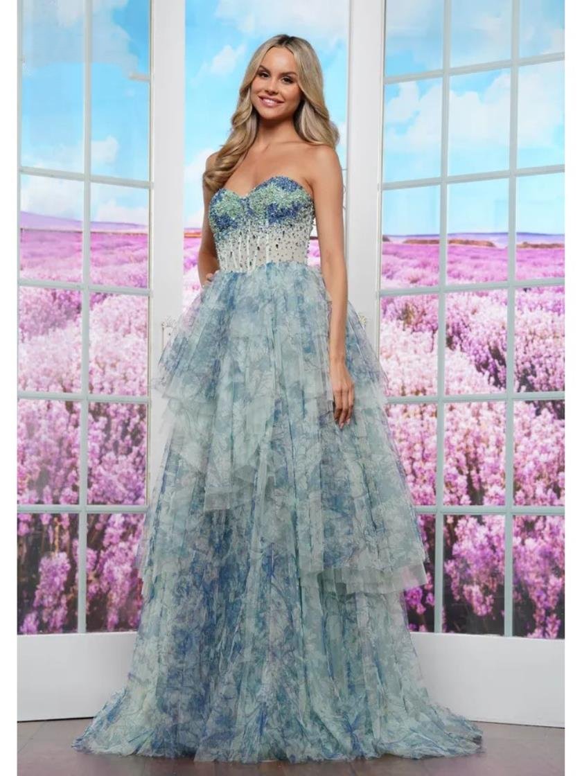Prom Dresses Formal˜Print Mesh Ruffle Long Prom Dress Sage