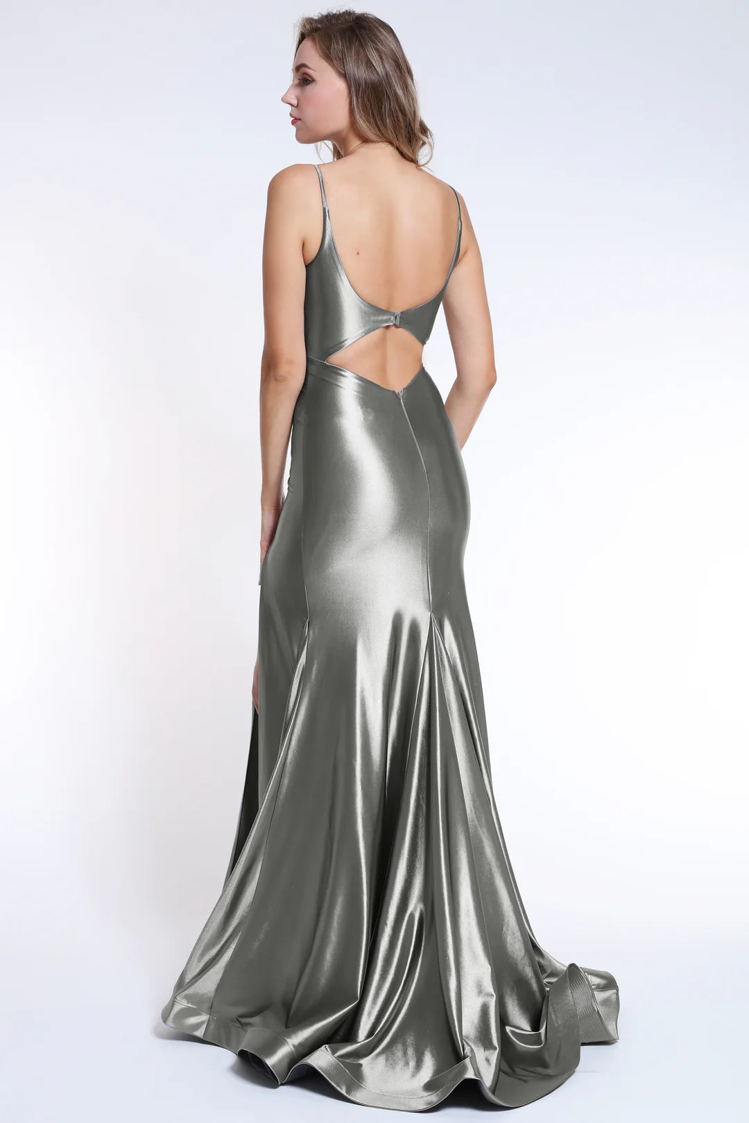 Prom Dresses Long Formal Fitted Metallic Slit Prom Dress Gunmetal