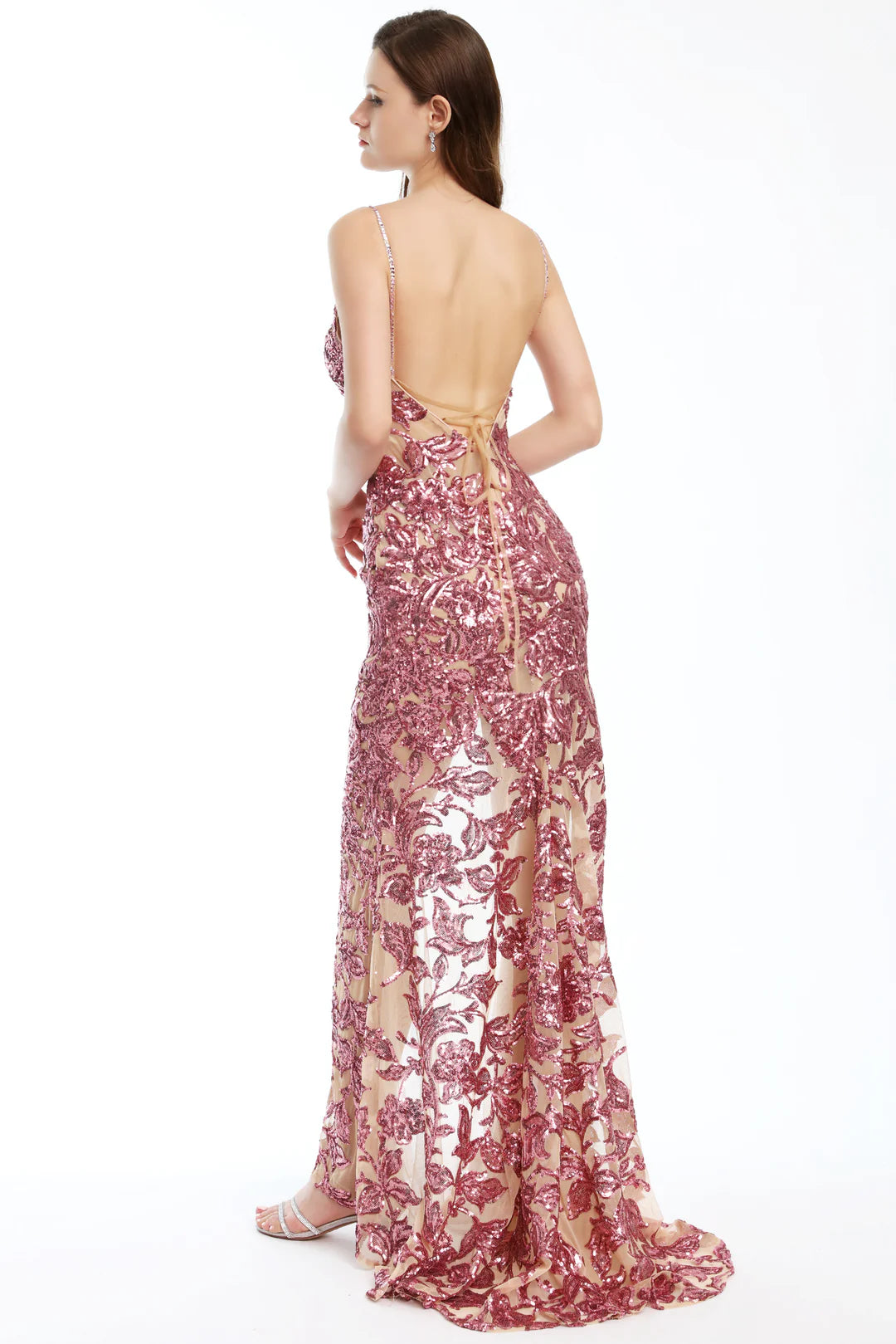 Prom Dresses Long Fitted Formal Slit Evening Prom Dress Nude/Rose