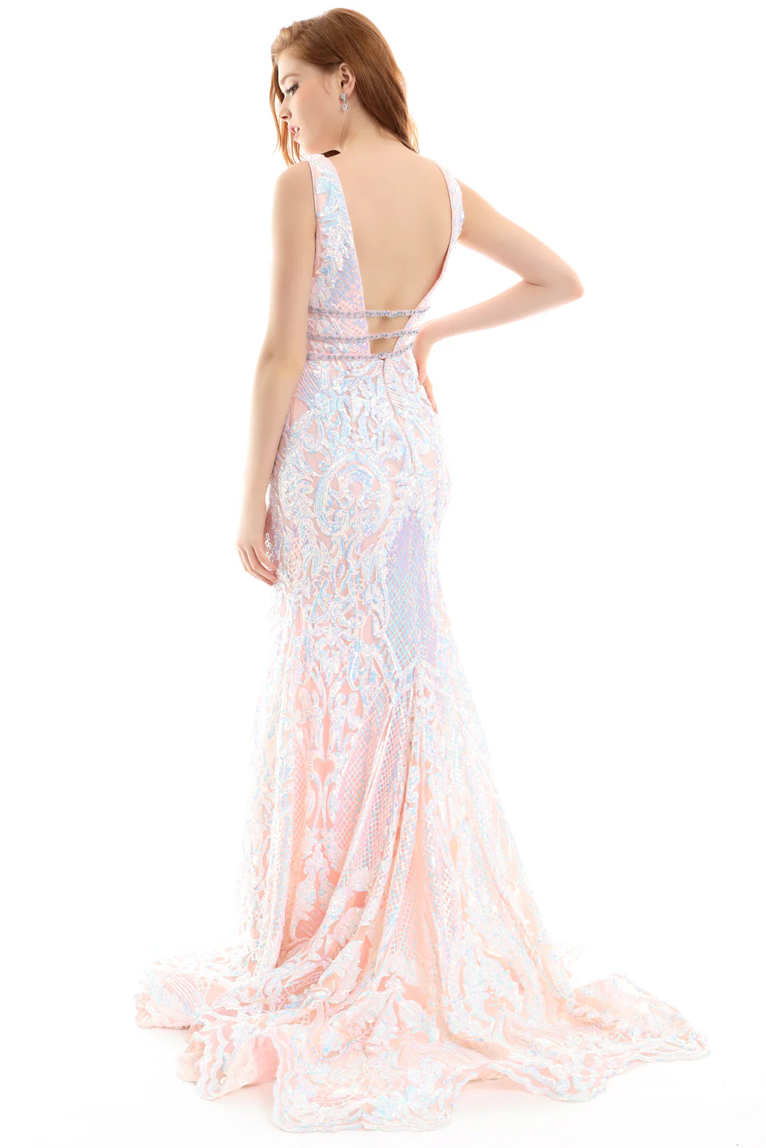 Prom Dresses Long Sequin Mermaid Formal Evening Prom Gown Iridescent Blush