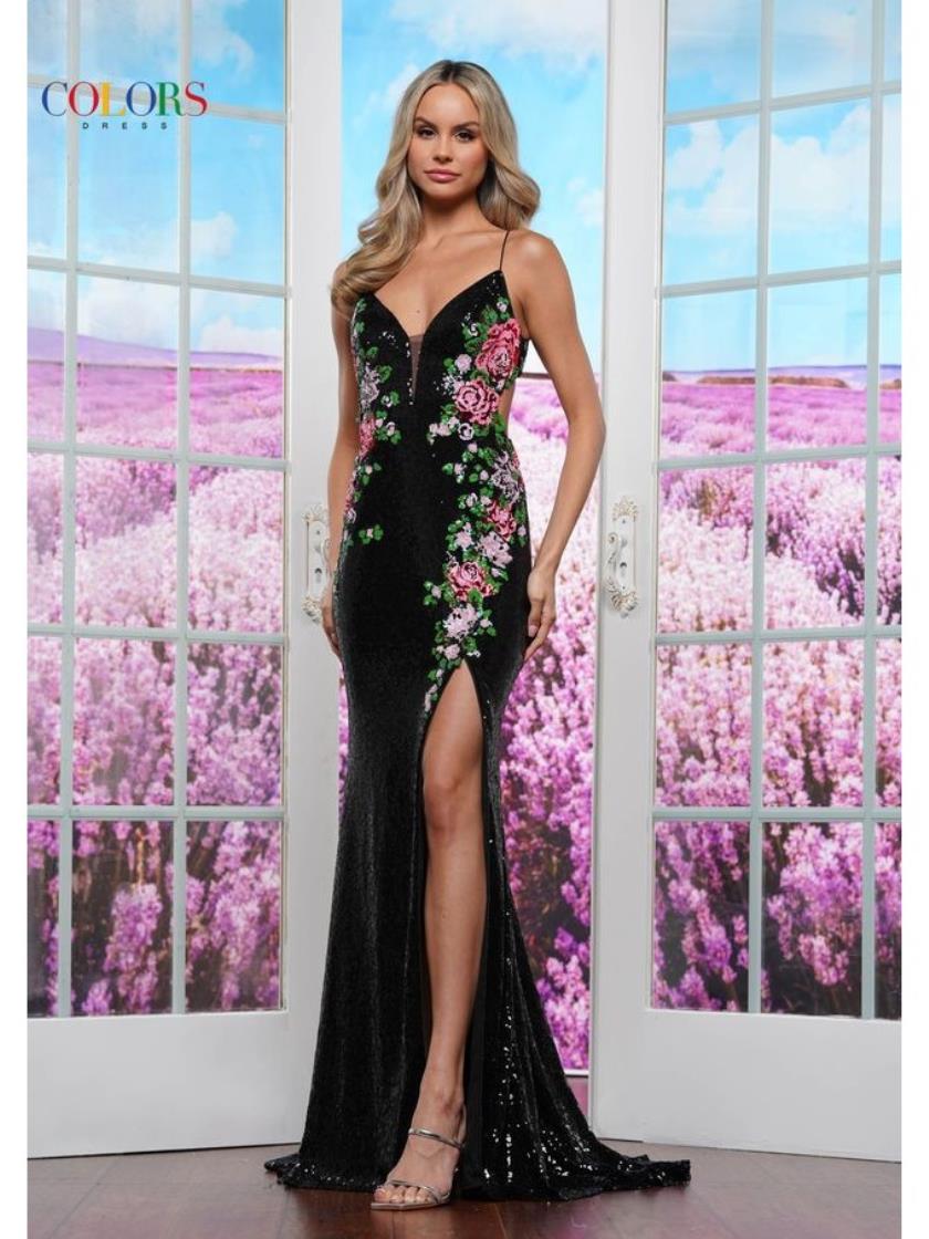 Black Colors 3576 Formal Floral Sequin Long Prom Dress