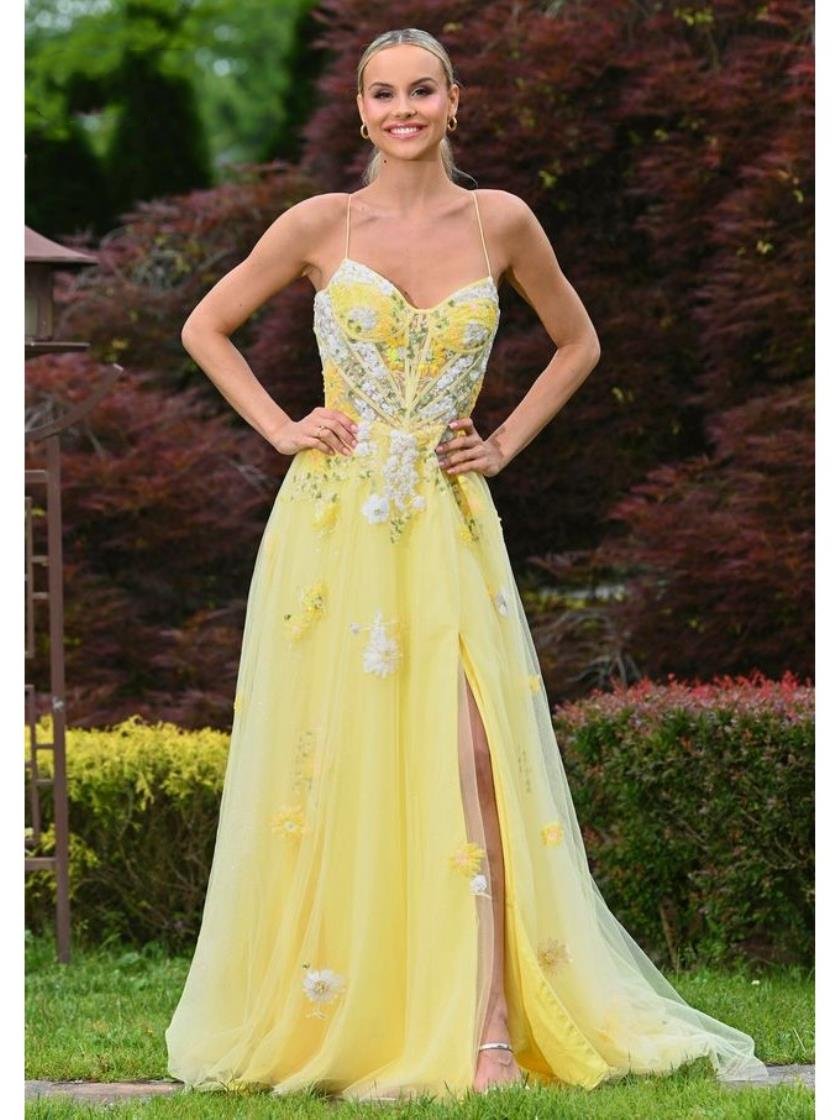 Prom Dresses Formal Floral Long Slit Skirt Prom Dress Yellow