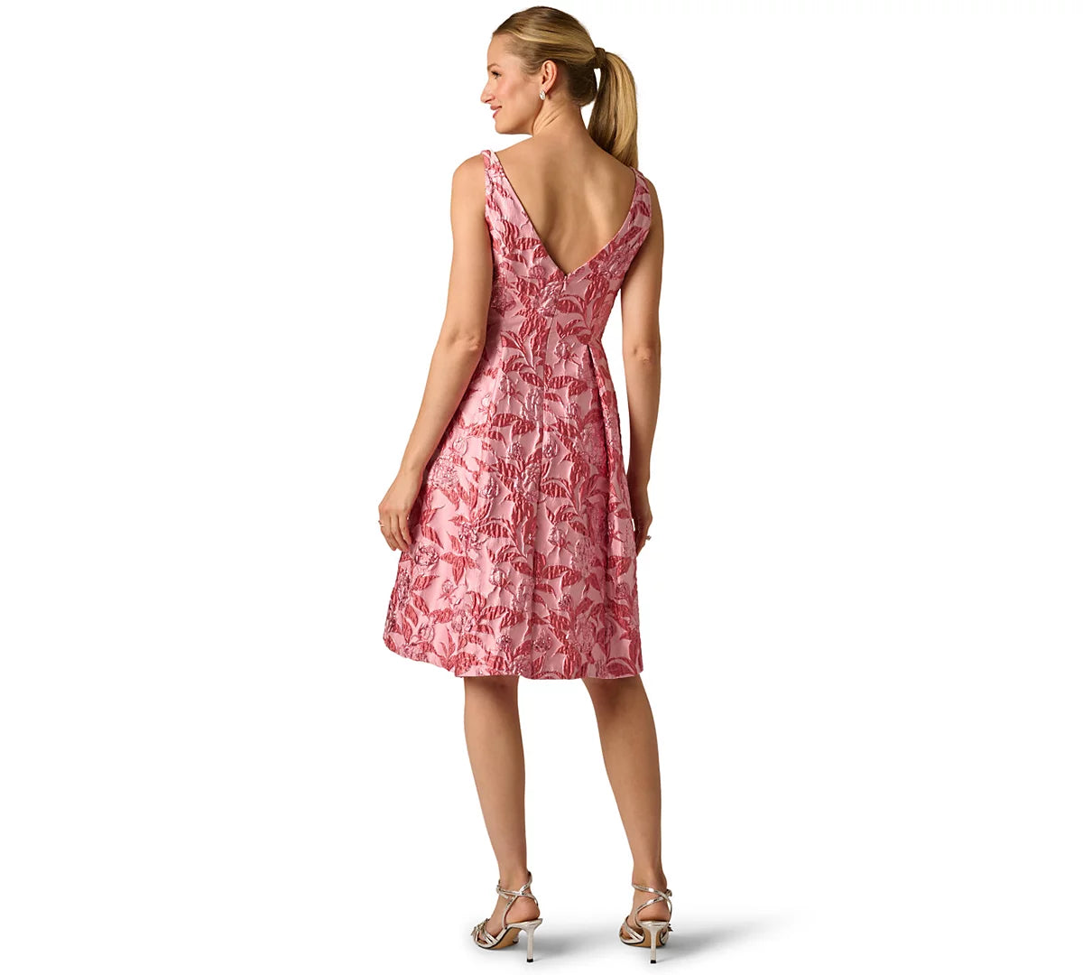 Pink Multi Adrianna Papell AP1E213255 Bateau Knee-Length Jacquard Cocktail Dress Metallic