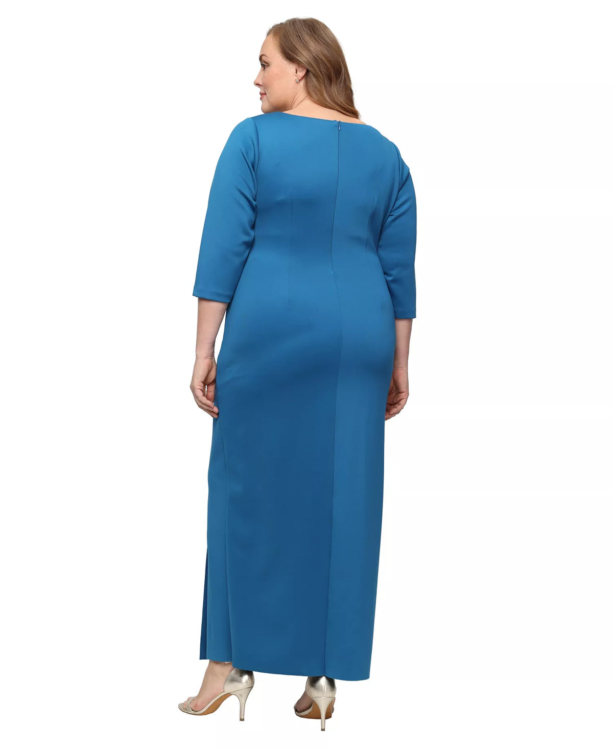Long Stretch Scuba Crepe Dress with Surplice Neckline, Hardware Detail a Alex Evenings 8460611