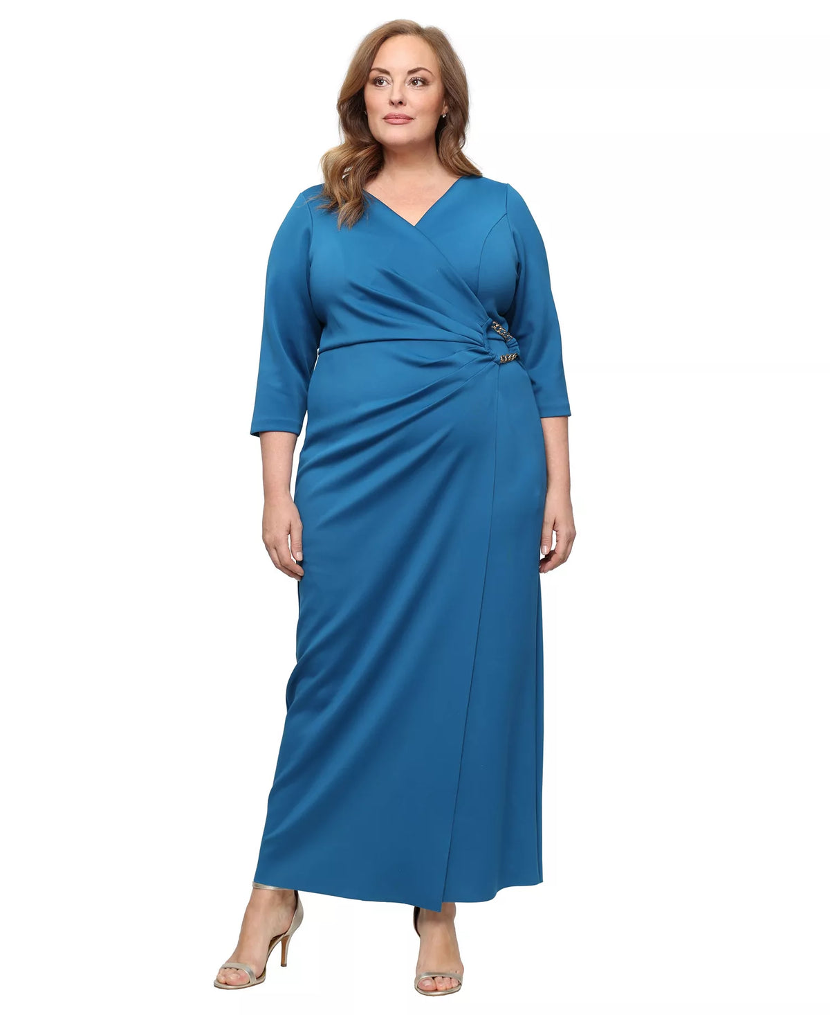 Long Stretch Scuba Crepe Dress with Surplice Neckline, Hardware Detail a Alex Evenings 8460611