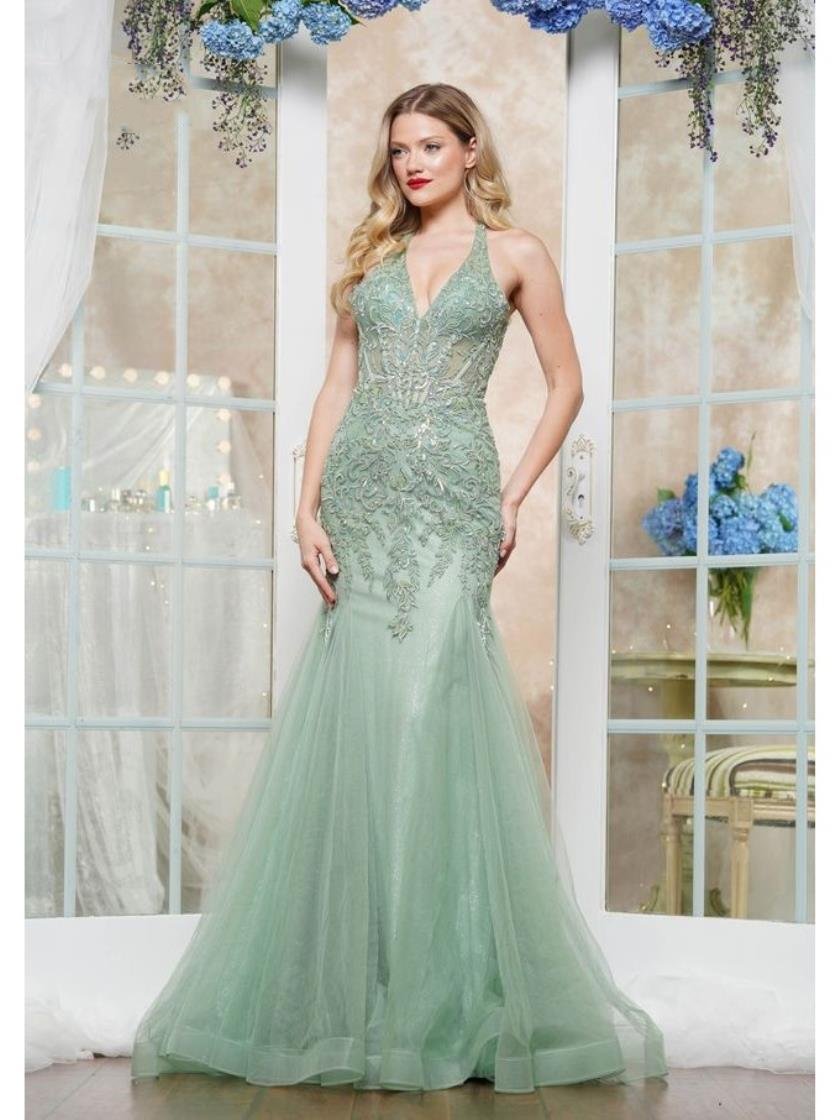 Prom Dresses Formal Fitted Long Halter Neck Prom Dress Sage