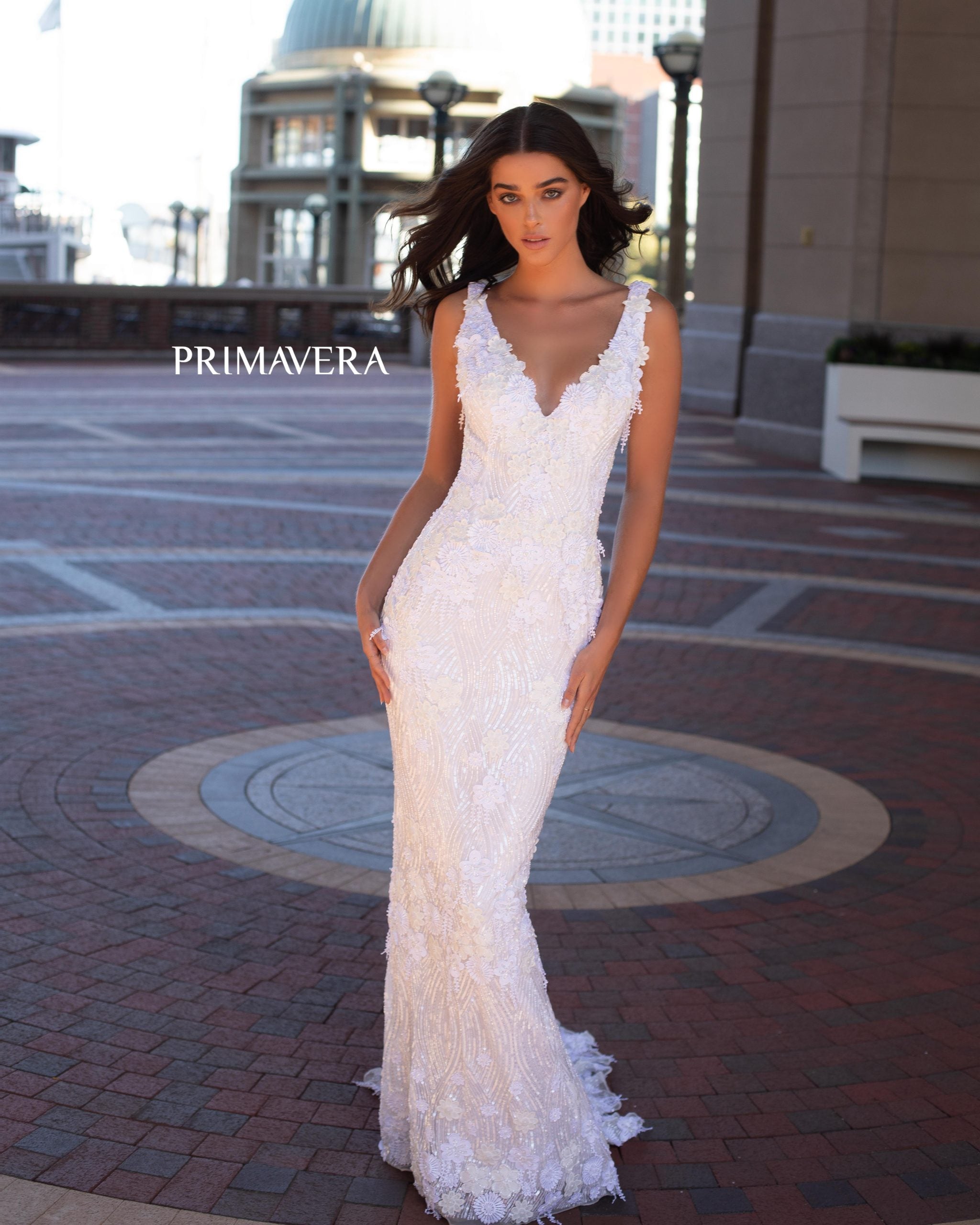 V-Neck Floor-Length Sequin Bridal Mermaid Gown Primavera Couture PC3594