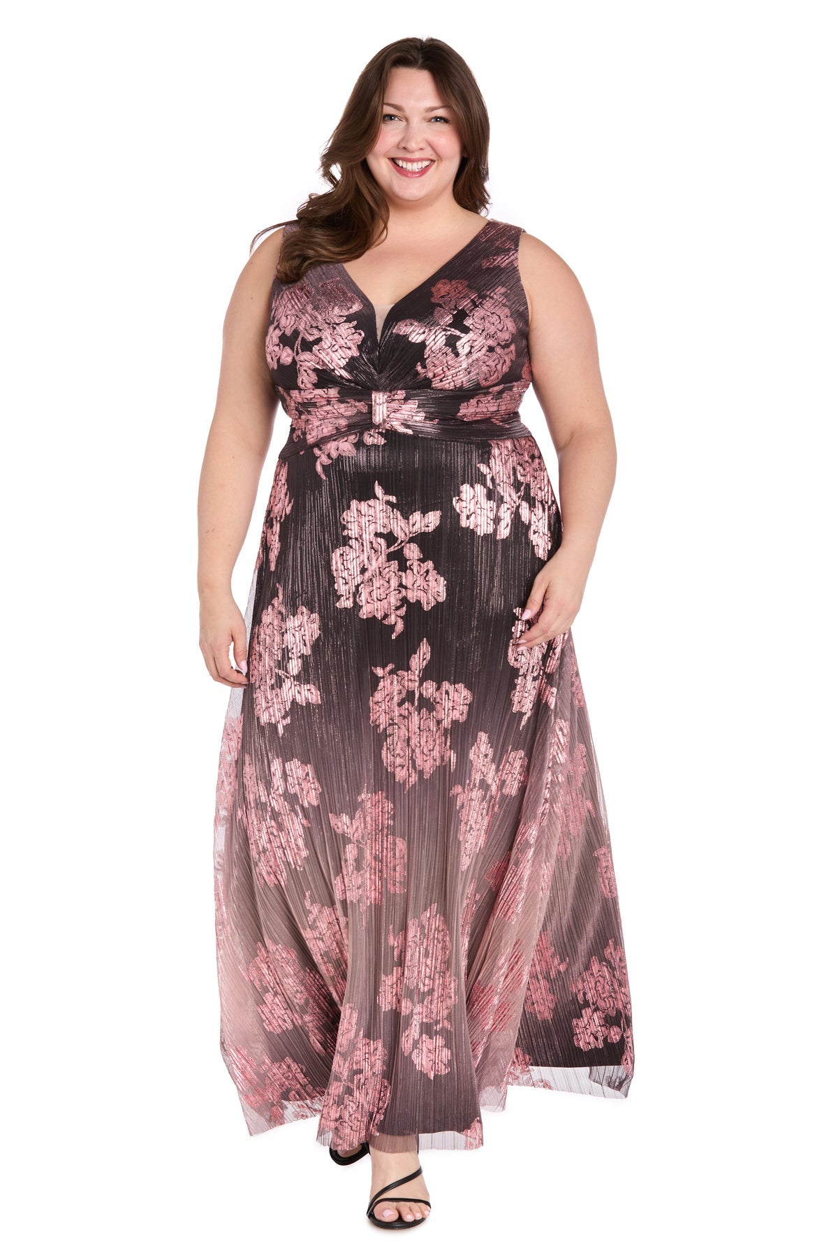 Plus Size Dresses Plus Size Long Floral Metallic Ombre Formal Dress Charcoal/Rose