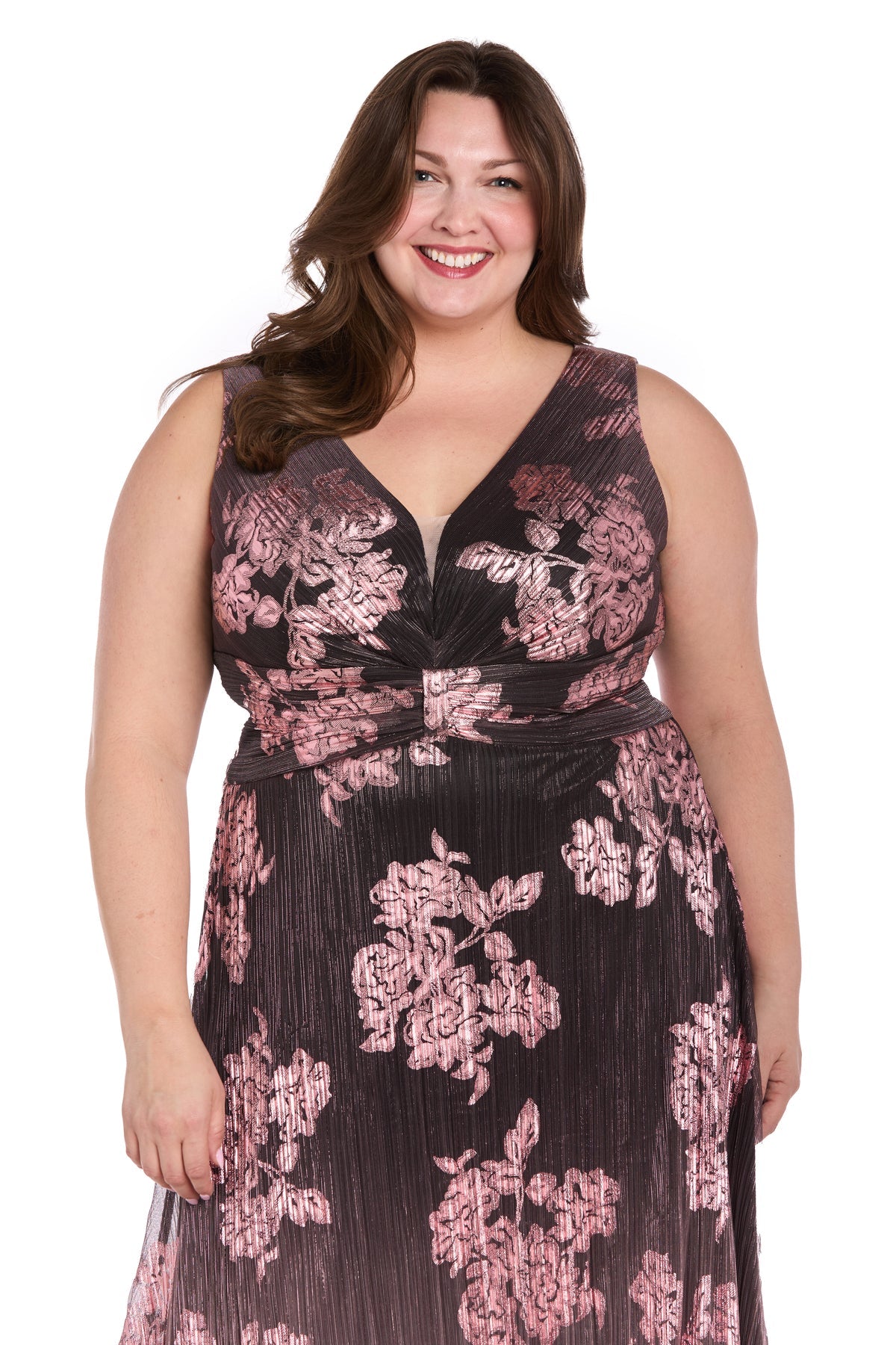 Plus Size Dresses Plus Size Long Floral Metallic Ombre Formal Dress Charcoal/Rose