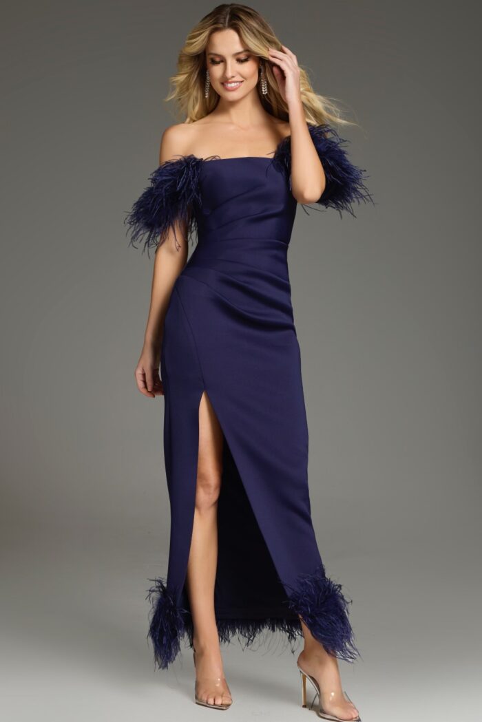 Formal Dresses Long High Slit Feather Formal Evening Dress Navy
