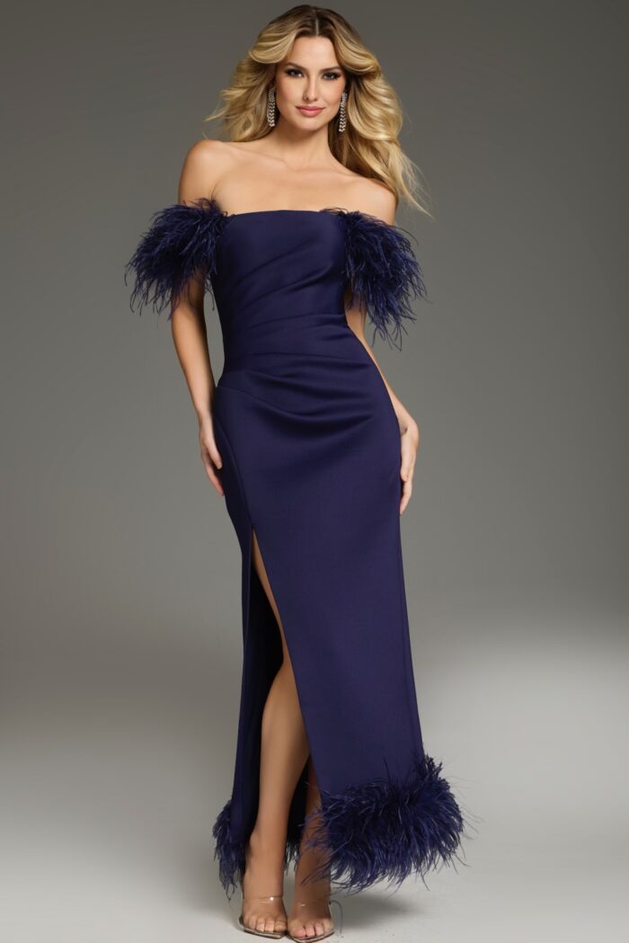 Formal Dresses Long High Slit Feather Formal Evening Dress Navy