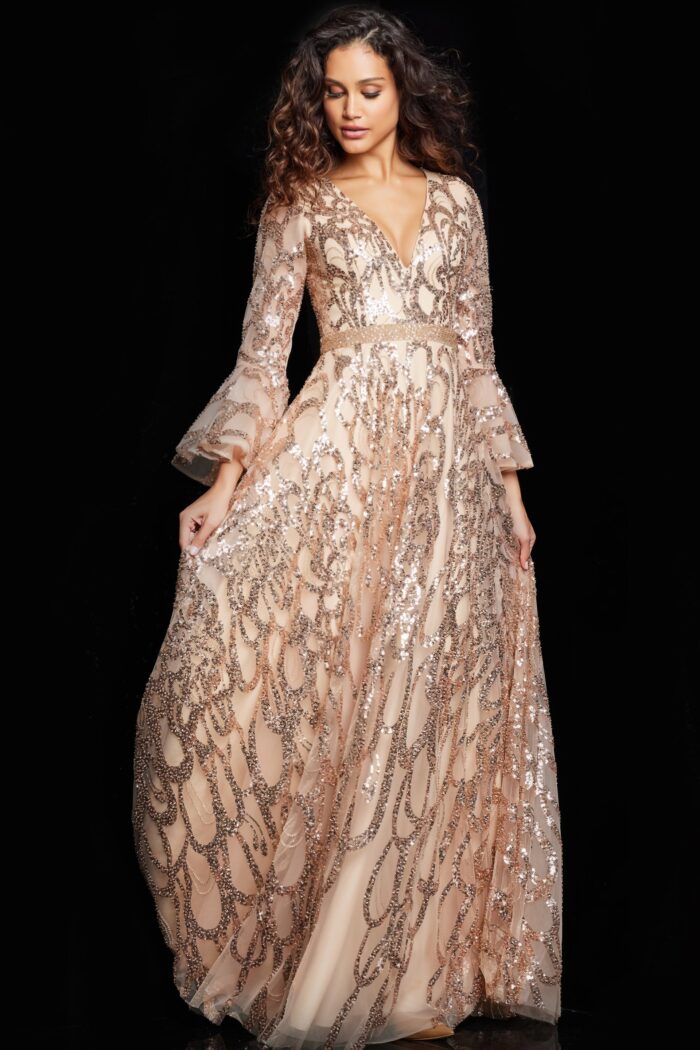 Formal Dresses Long A Line Sequin Formal Bell Sleeve Evening Dress Blush
