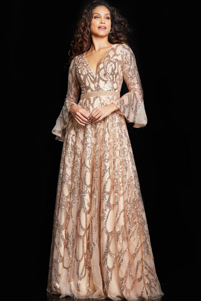 Formal Dresses Long A Line Sequin Formal Bell Sleeve Evening Dress Blush