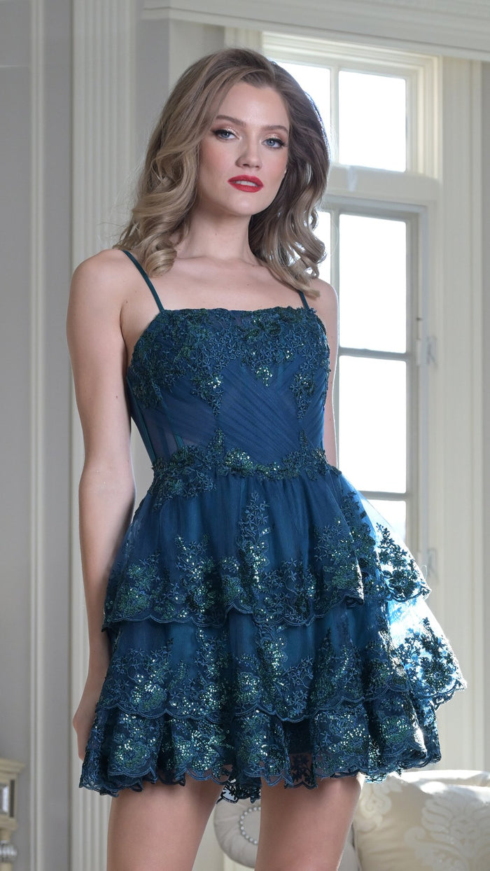 Cocktail Dresses A Line Short Sequin Lace Cocktail Ruffle Dress Peacock