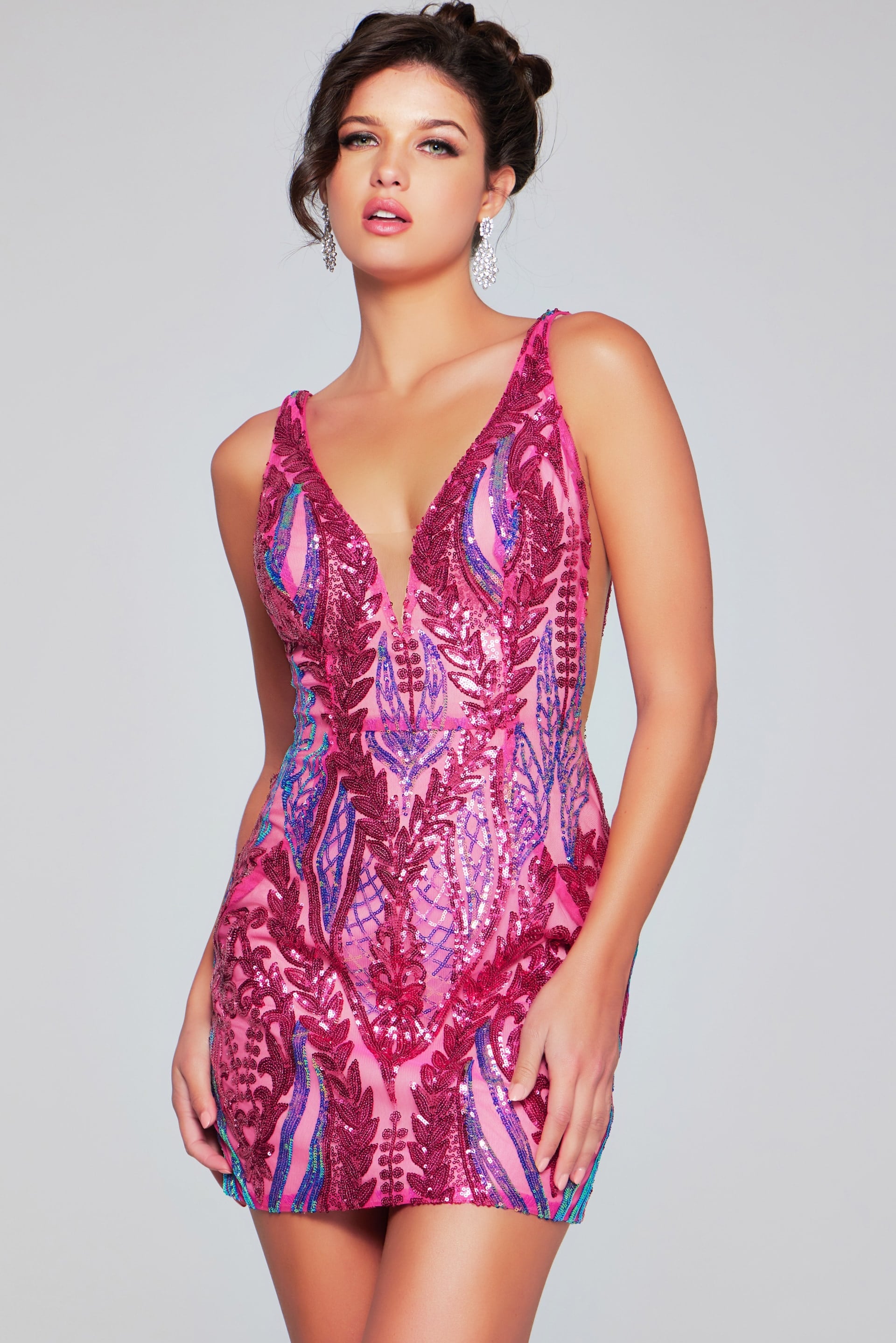 V-Neck Mini Sequin Cocktail Bodycon Dress by Jovani 36784
