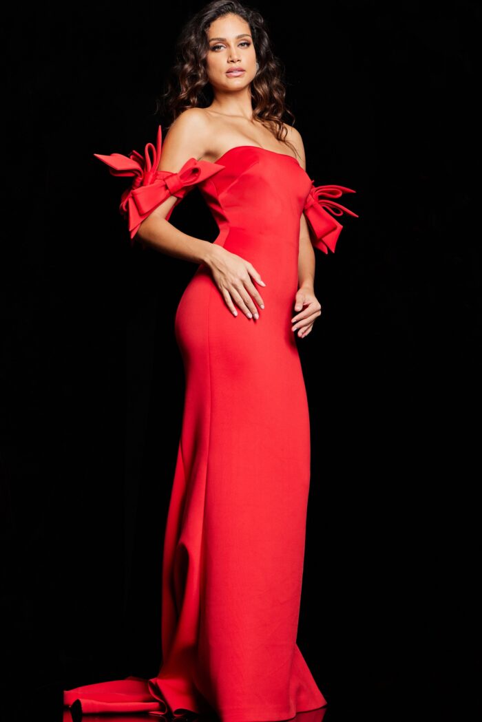 Formal Dresses Fitted Long Ruffle Sleeve Formal Dress Red