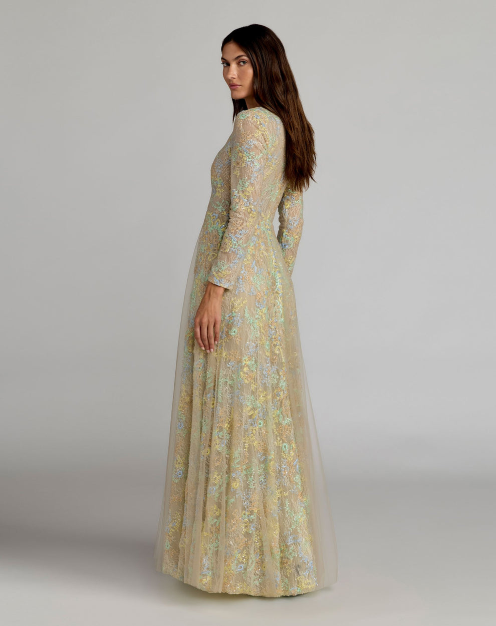 Mother of the Bride Dresses Long Sleeve Formal Lace A Line Mother of the Bride Dress Mac Duggal 37016 Nude Multi