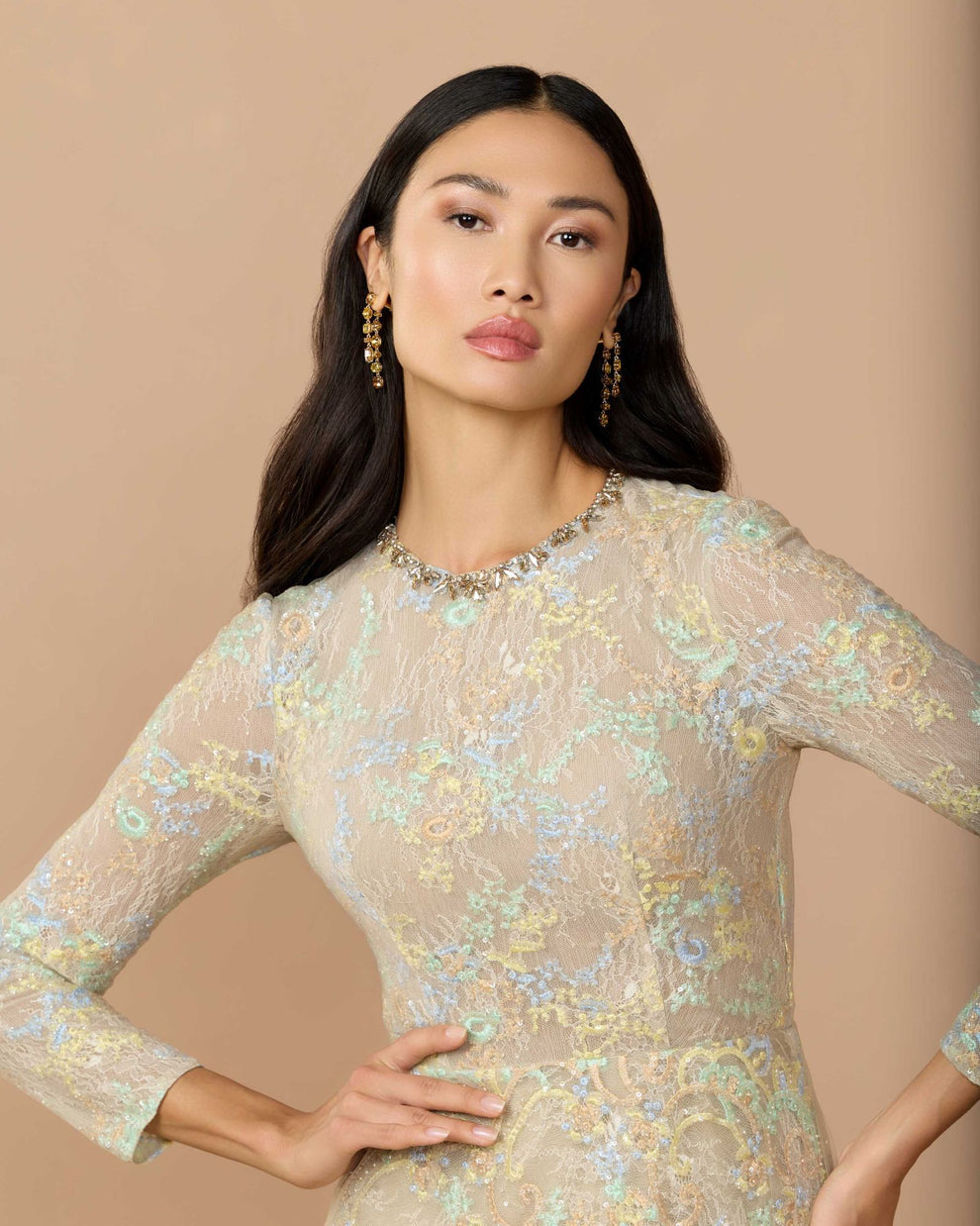 Mother of the Bride Dresses Long Sleeve Formal Lace A Line Mother of the Bride Dress Mac Duggal 37016 Nude Multi