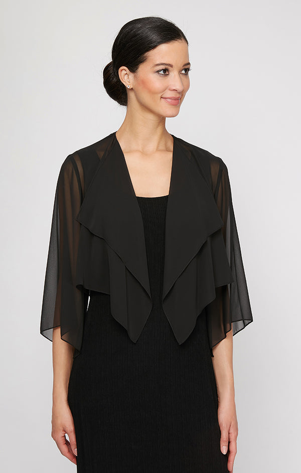 Black Open Front Short Sheer Chiffon Formal Cape Cascading Bolero Jacket Alex Evenings 370213
