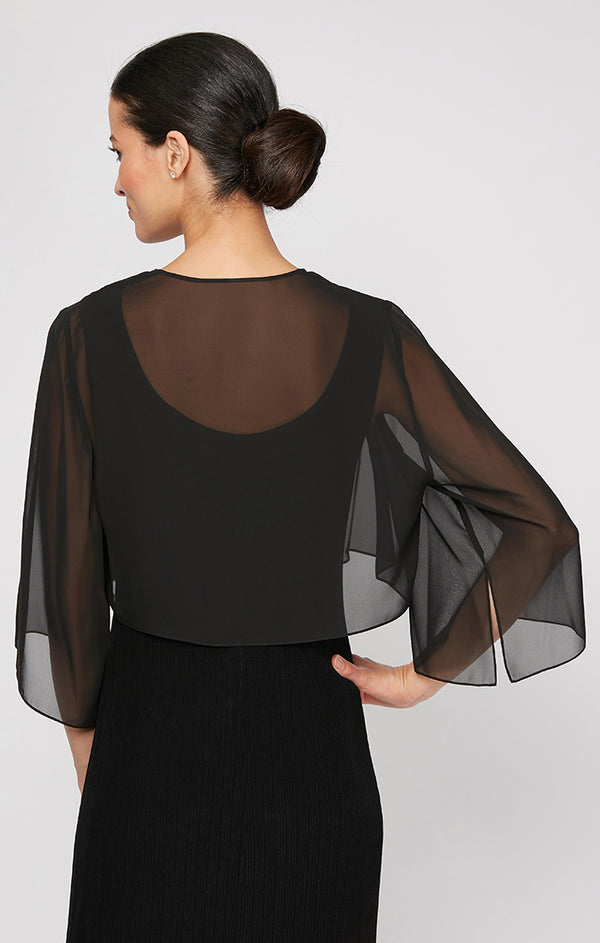 Black Open Front Short Sheer Chiffon Formal Cape Cascading Bolero Jacket Alex Evenings 370213