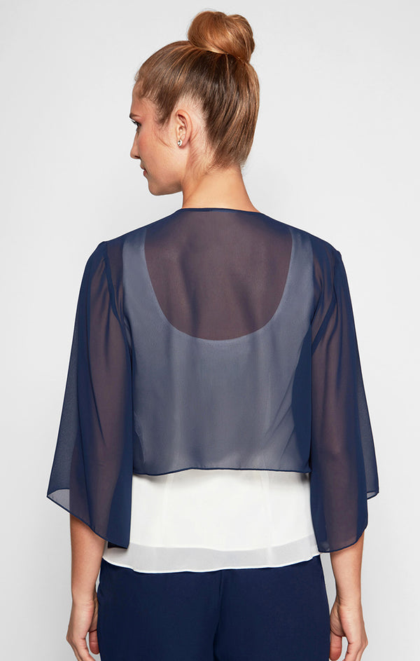 Navy Open Front Short Sheer Chiffon Formal Cape Cascading Bolero Jacket Alex Evenings 370213