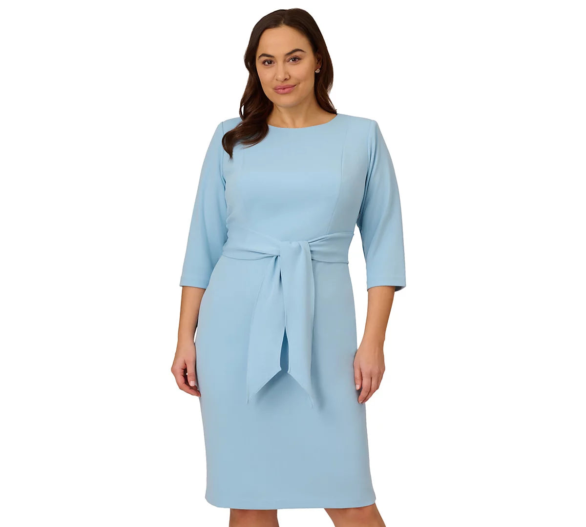 Blue Mist Adrianna Papell AP1D103175 Crew-Neck Knee-Length Crepe Cocktail Dress Tie