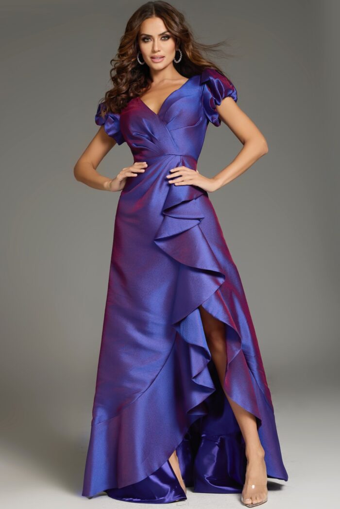 Formal Dresses Long Formal Ruffle Puff Sleeve Evening Dress Purple