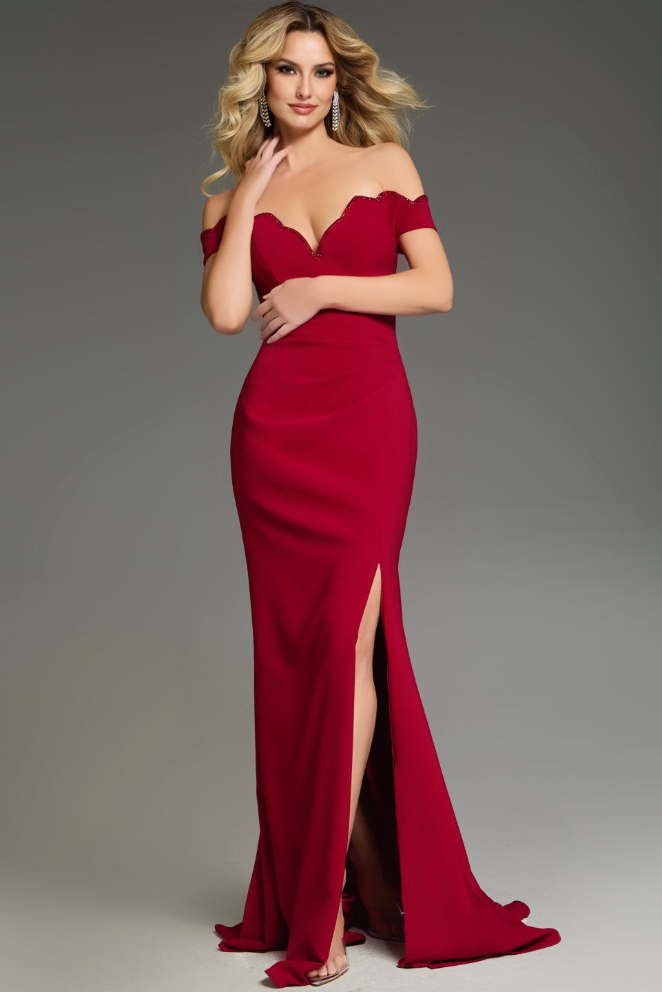 Formal Dresses Beaded Long Scalloped Neckline Formal Dress Cranberry