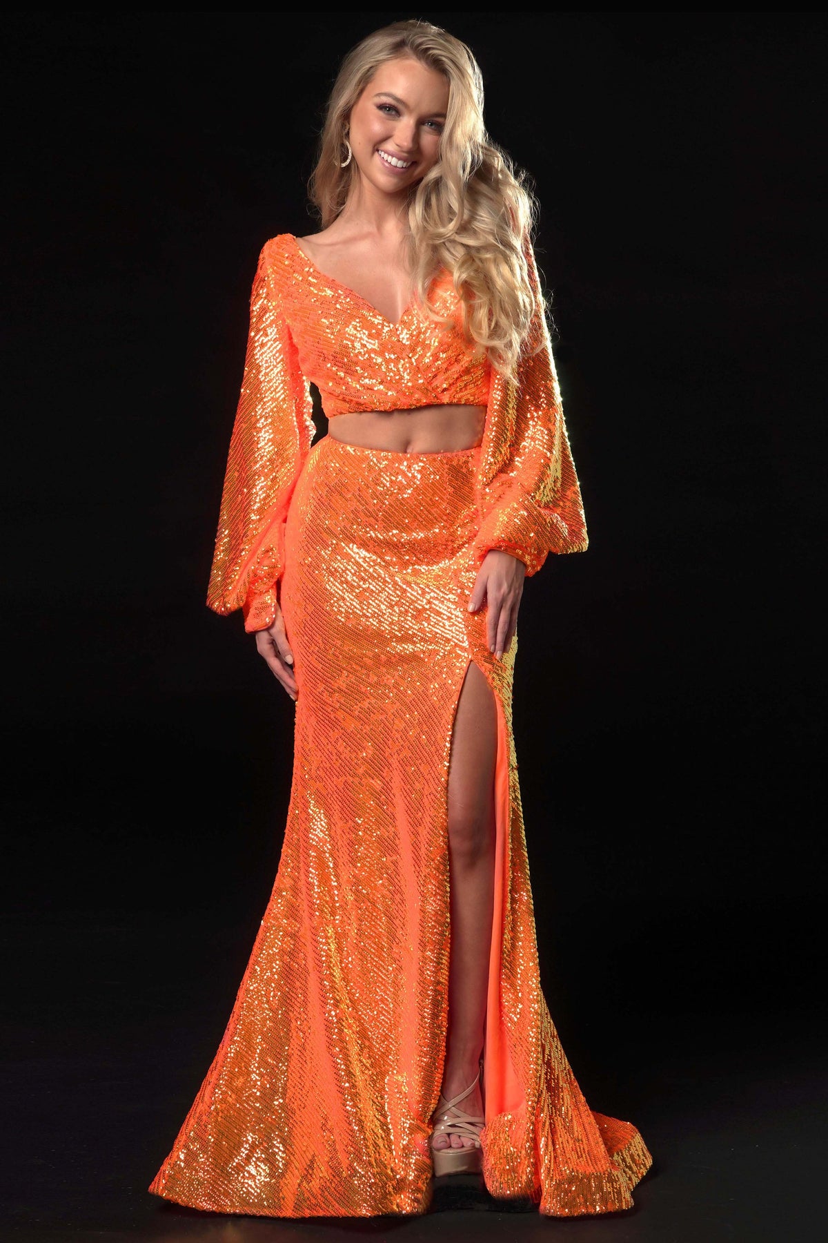 Ava Presley Sequin Two Piece Lace Up Long Gown 37334