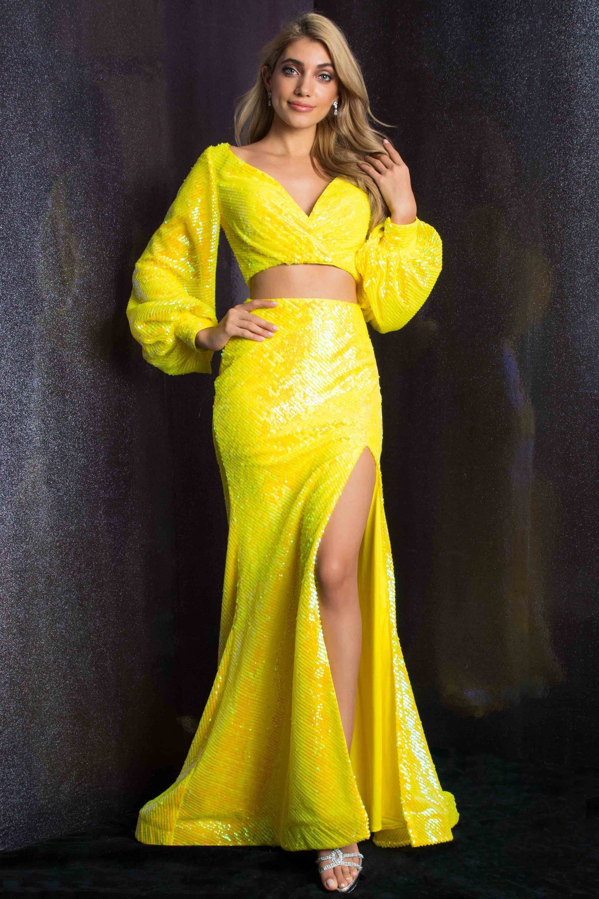 Ava Presley Sequin Two Piece Lace Up Long Gown 37334
