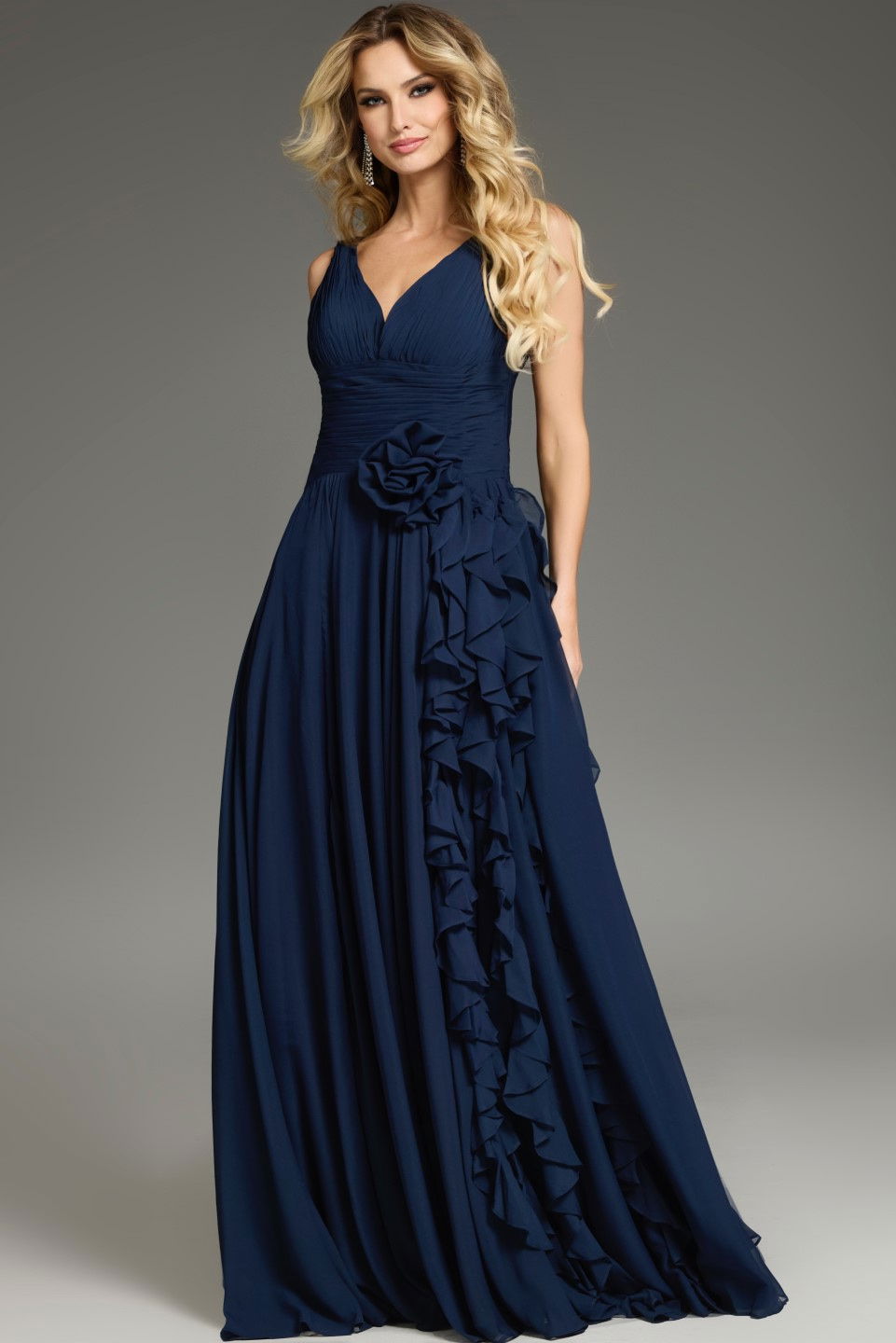 Formal Dresses Floral Long Formal Ruffle Evening Dress Jovani 37374 Navy