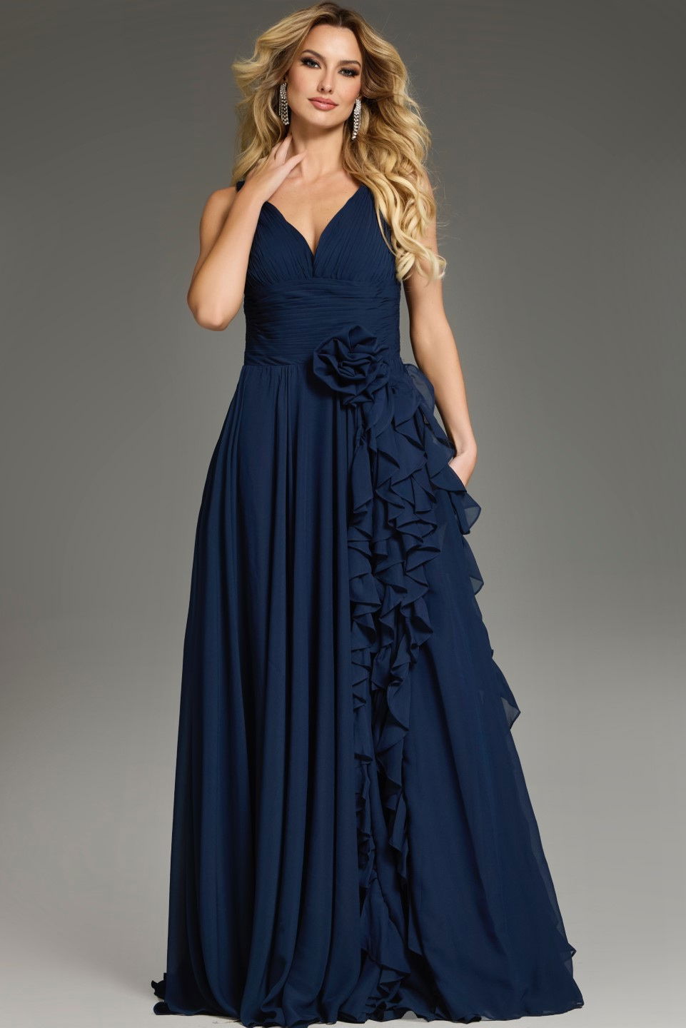 Formal Dresses Floral Long Formal Ruffle Evening Dress Jovani 37374 Navy