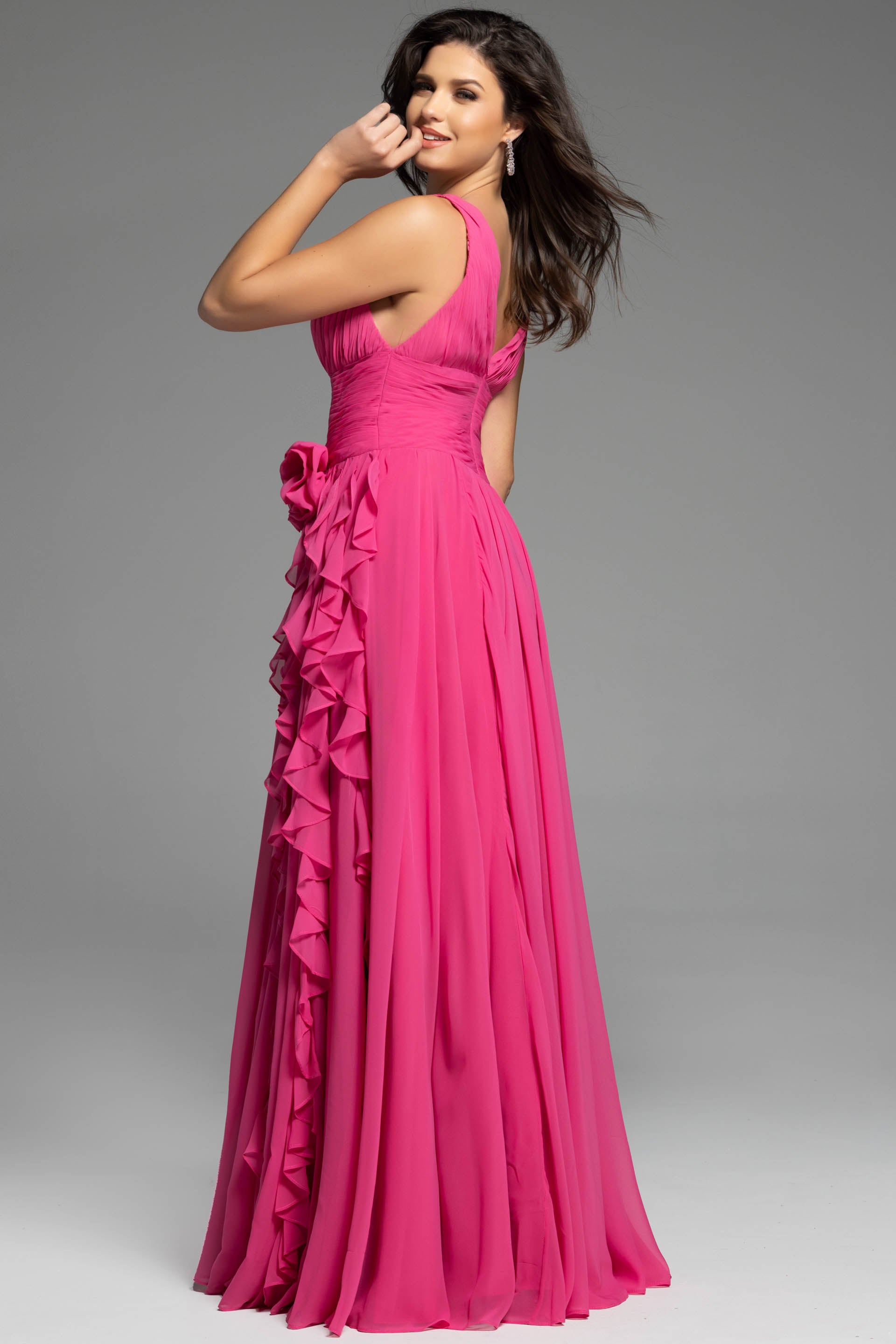Formal Dresses Floral Long Formal Ruffle Evening Dress Jovani 37374 Hot-Pink
