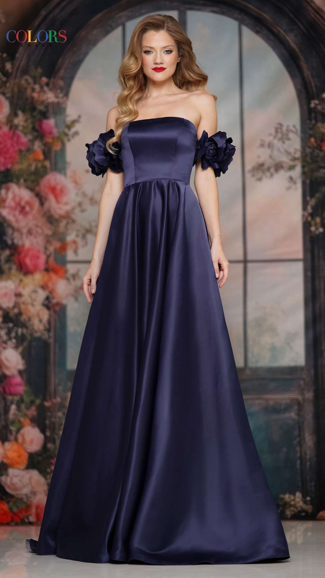 Prom Dresses A Line Long Formal Ball Gown 3D Floral Prom Dress Navy