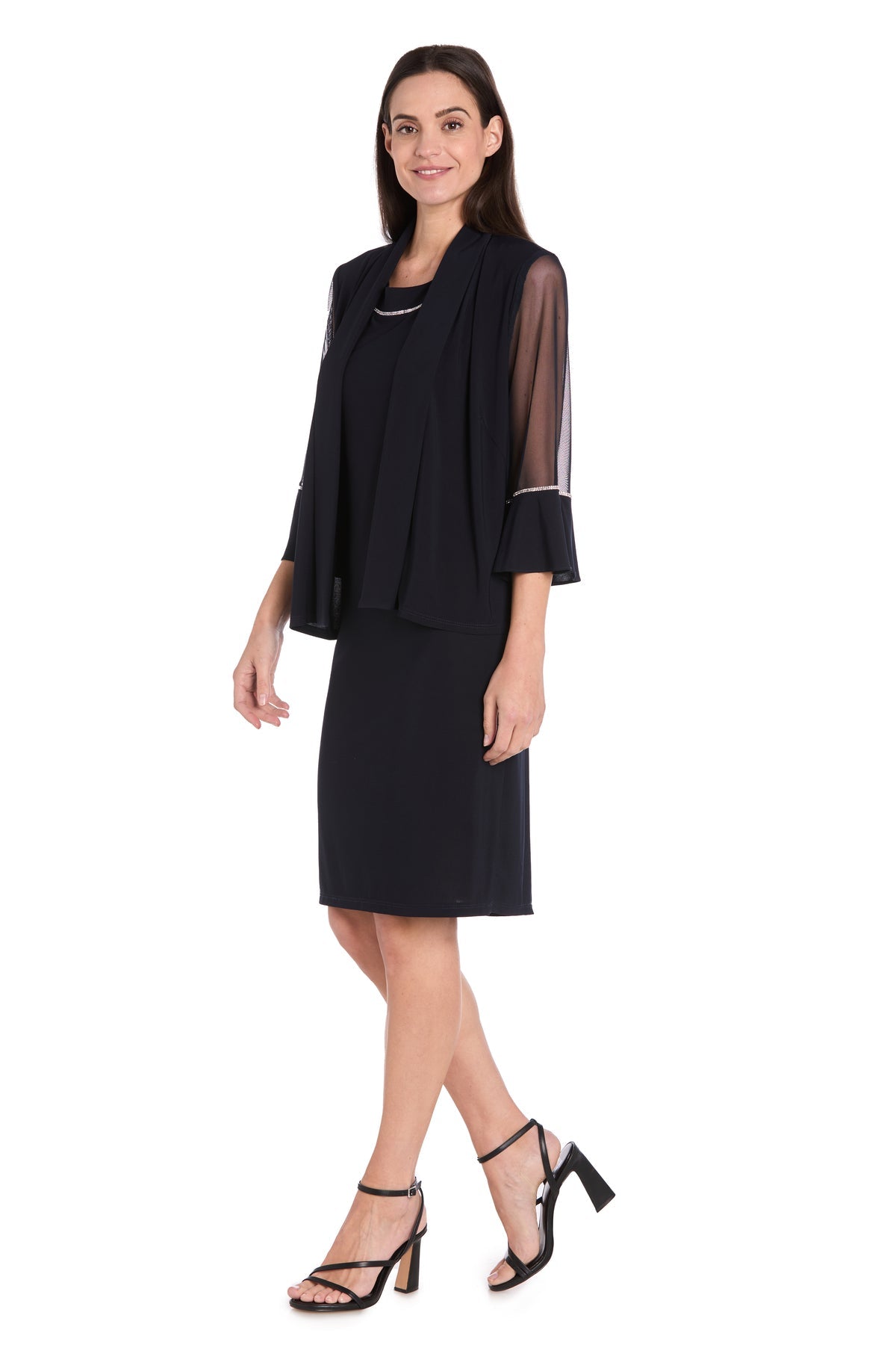 Scoop Neck Knee-Length Chiffon Cocktail Dress by R&M Richards 3747 in Navy