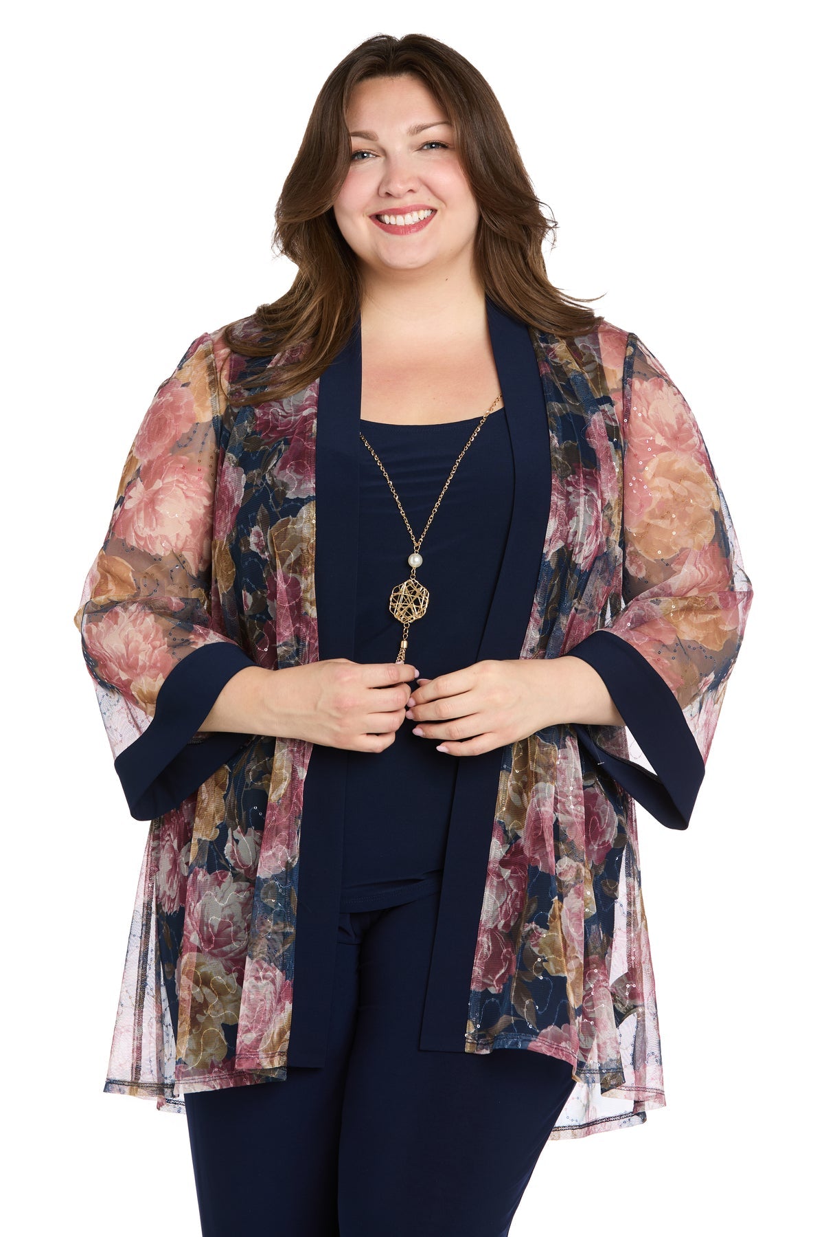 Pant Suit Long Floral Plus Size Formal Jacket Pant Suit Navy/Wine