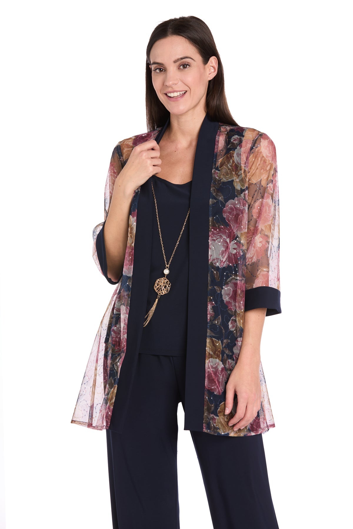 Pant Suit Long Formal Jacket Floral Pant Suit Navy/Wine