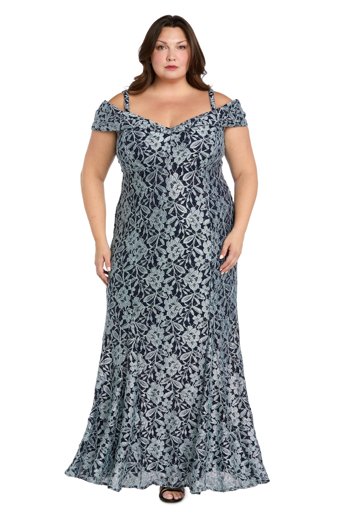 Plus Size Dresses Glitter Long Lace Formal Plus Size Dress R&M Richards 3754W Navy/Slate