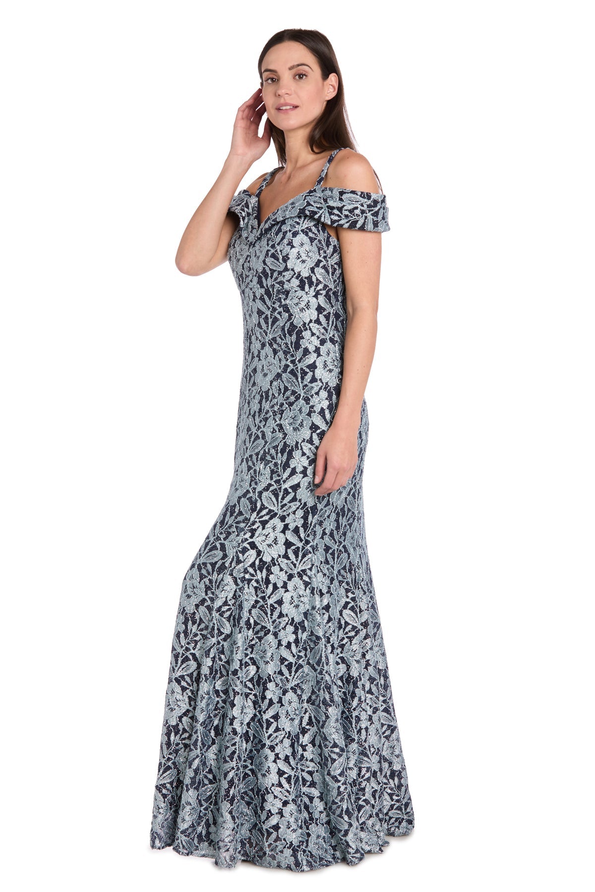 Formal Dresses Long Glitter Lace Formal Dress R&M Richards 3754P Navy/Slate