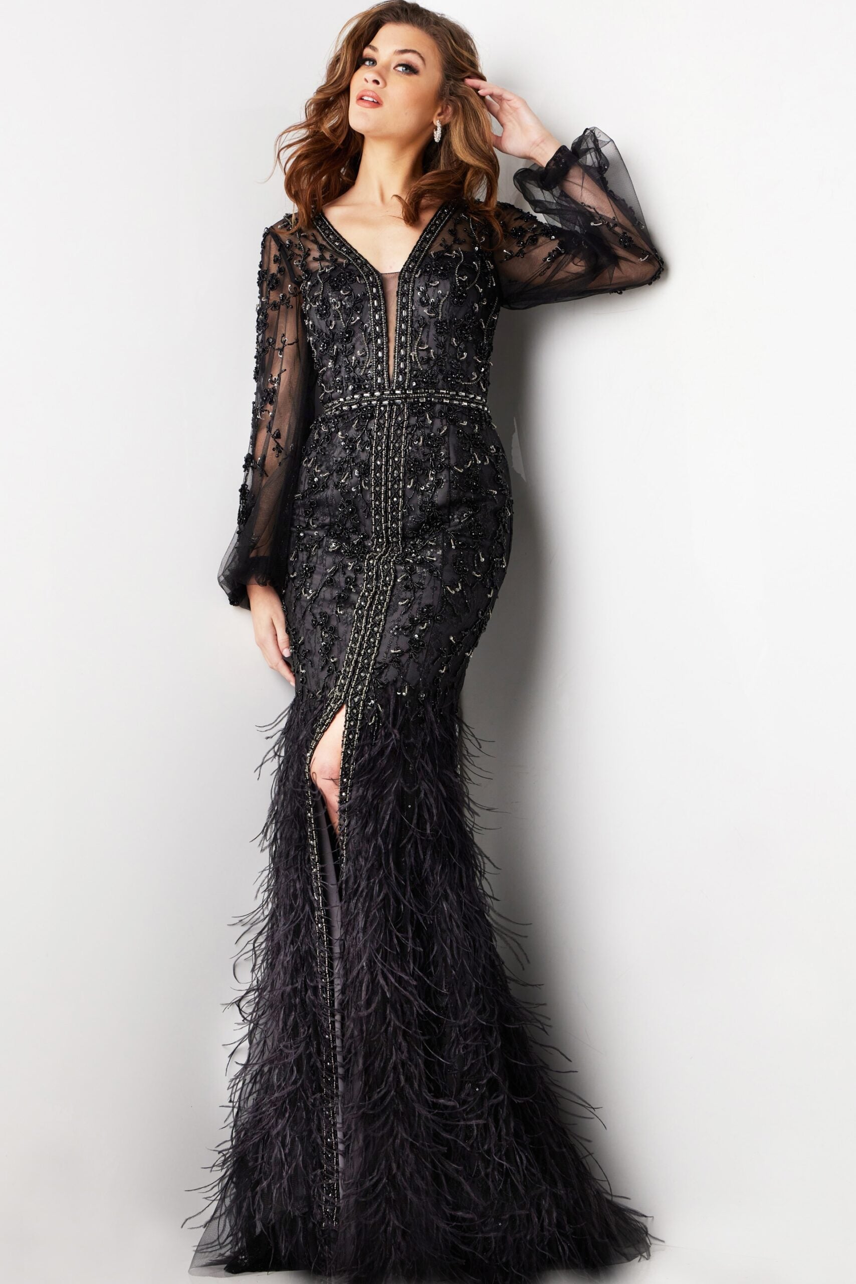Formal Dresses Long Beaded Mermaid Feather Evening Formal Dress Black