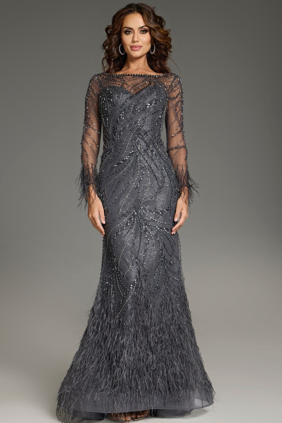 Formal Dresses Fitted Long Sleeve Feather Evening Formal Dress Charcoal